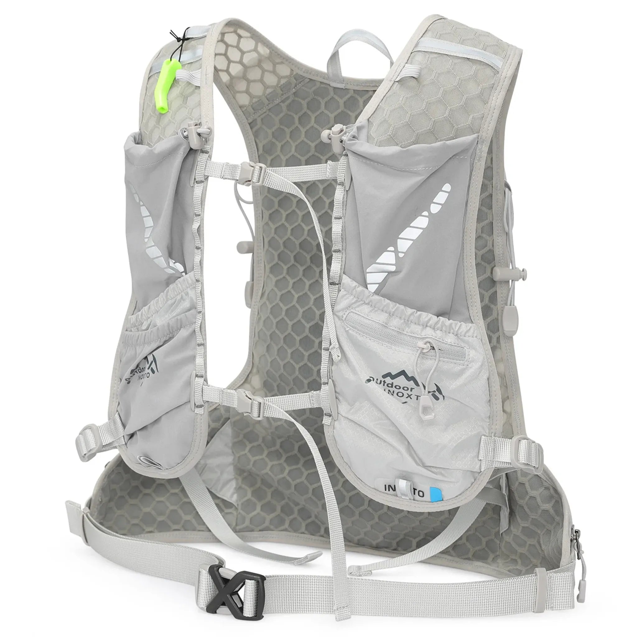 Angled front view of the grey Outdoor INOXTO 12L hiking backpack showing breathable mesh vest harness, adjustable sternum straps, front storage pockets, and ergonomic fit for hiking and trail running.
