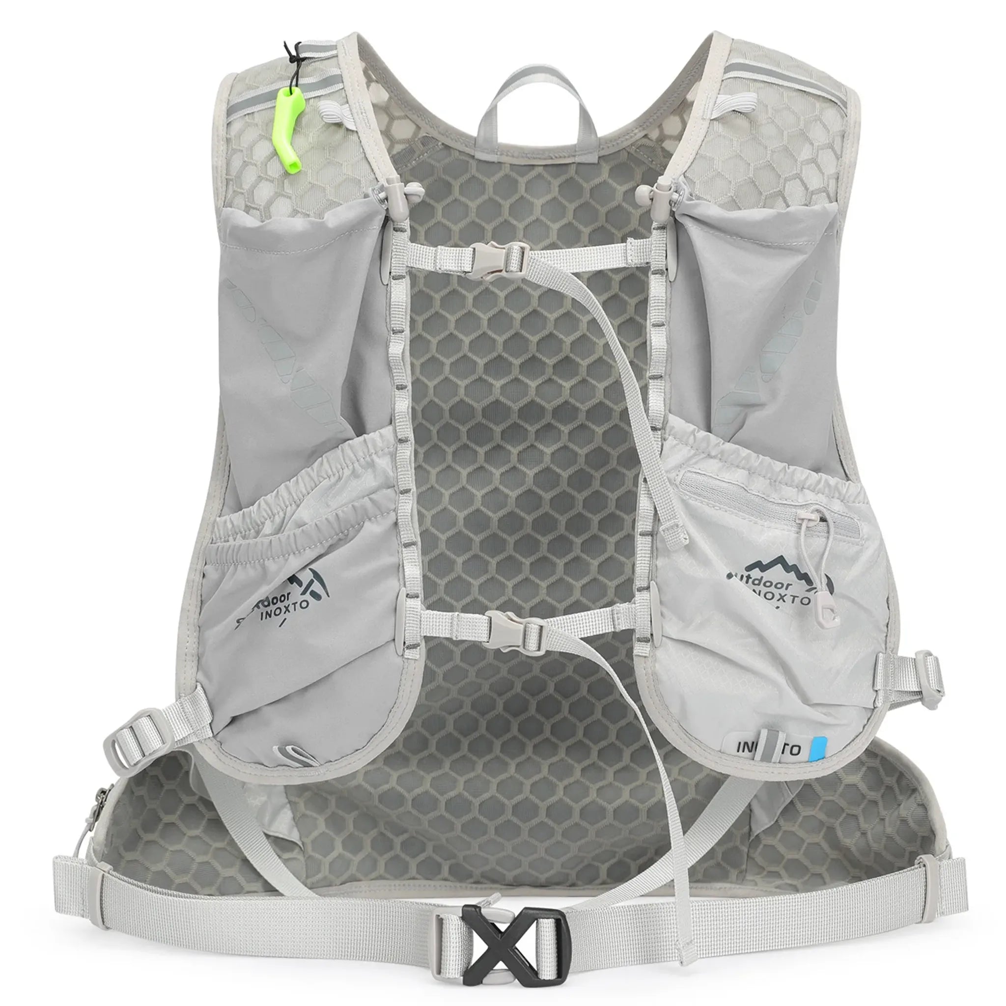 Front harness view of the grey Outdoor INOXTO 12L hiking backpack showing breathable mesh shoulder straps, adjustable sternum straps, zippered storage pockets, and running vest design.