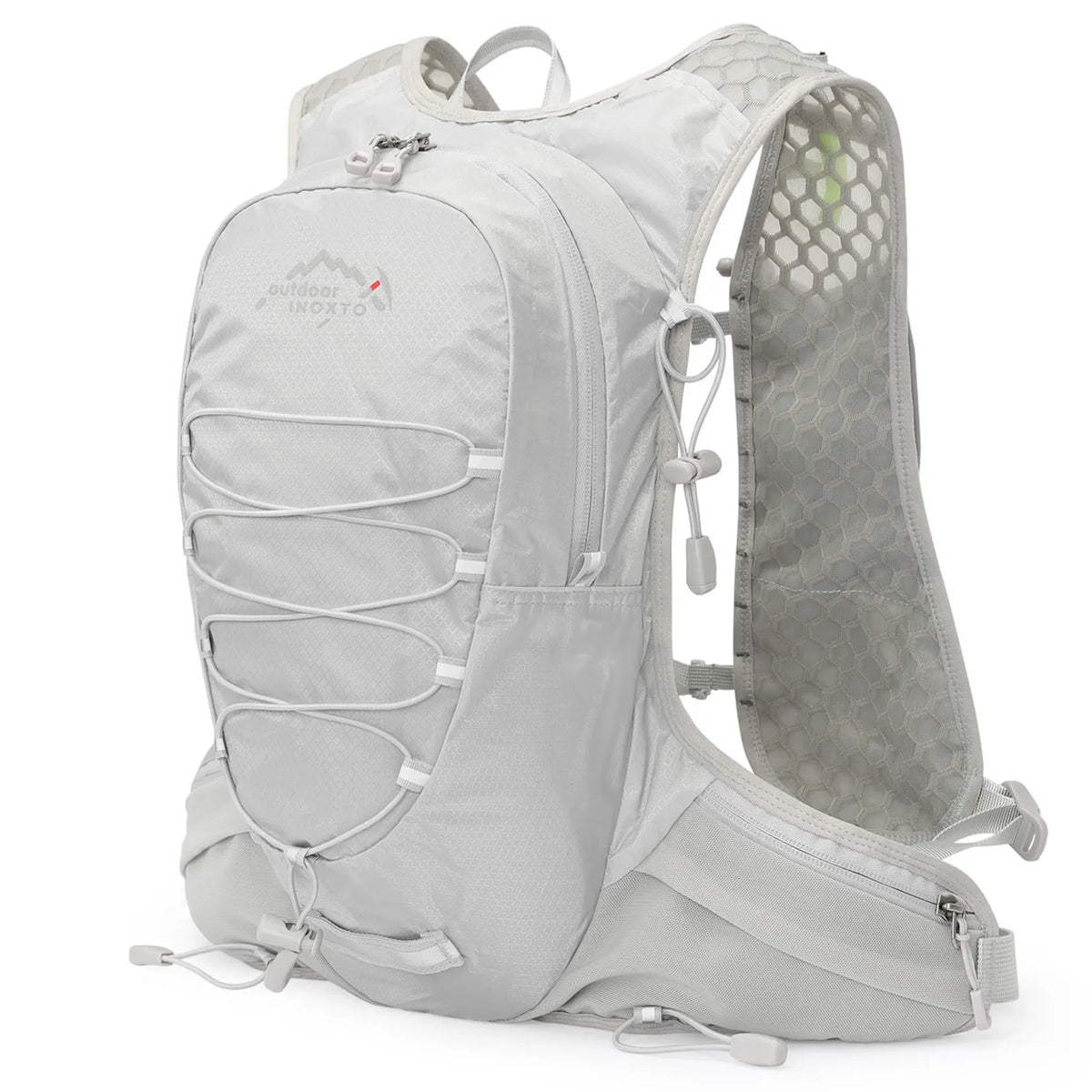 Grey Outdoor INOXTO 12L lightweight hiking backpack with breathable mesh shoulder straps, adjustable waist belt, and front bungee storage for hiking, trail running, and cycling.
