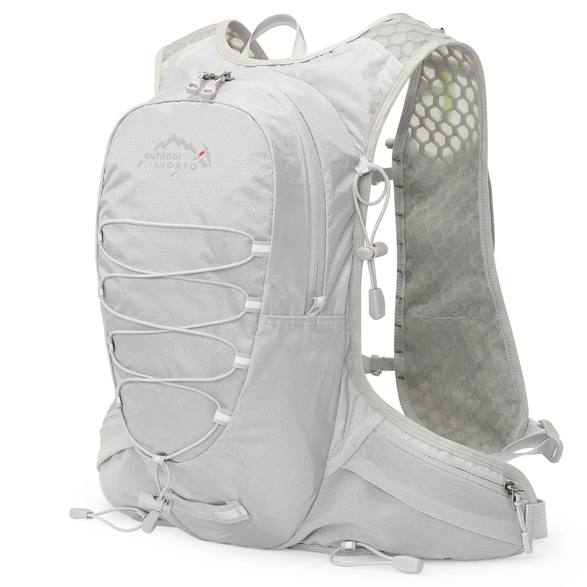 Grey Outdoor INOXTO 12L lightweight hiking backpack with breathable mesh shoulder straps, adjustable waist belt, and front bungee storage for hiking, trail running, and cycling.