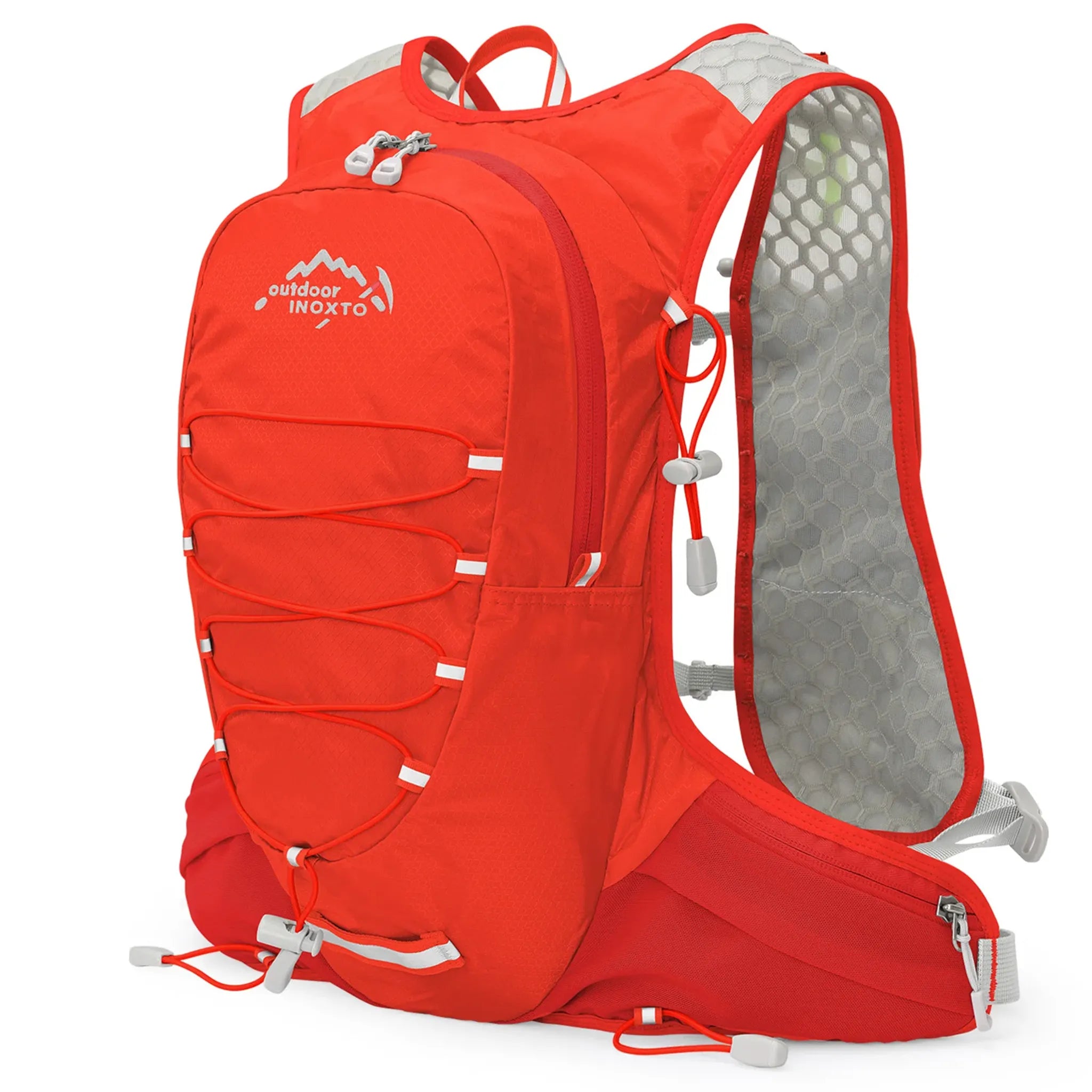 Angled front view of the red Outdoor INOXTO 12L lightweight hiking backpack featuring a spacious main compartment, front bungee storage, side pocket, breathable mesh back panel, and padded waist belt.