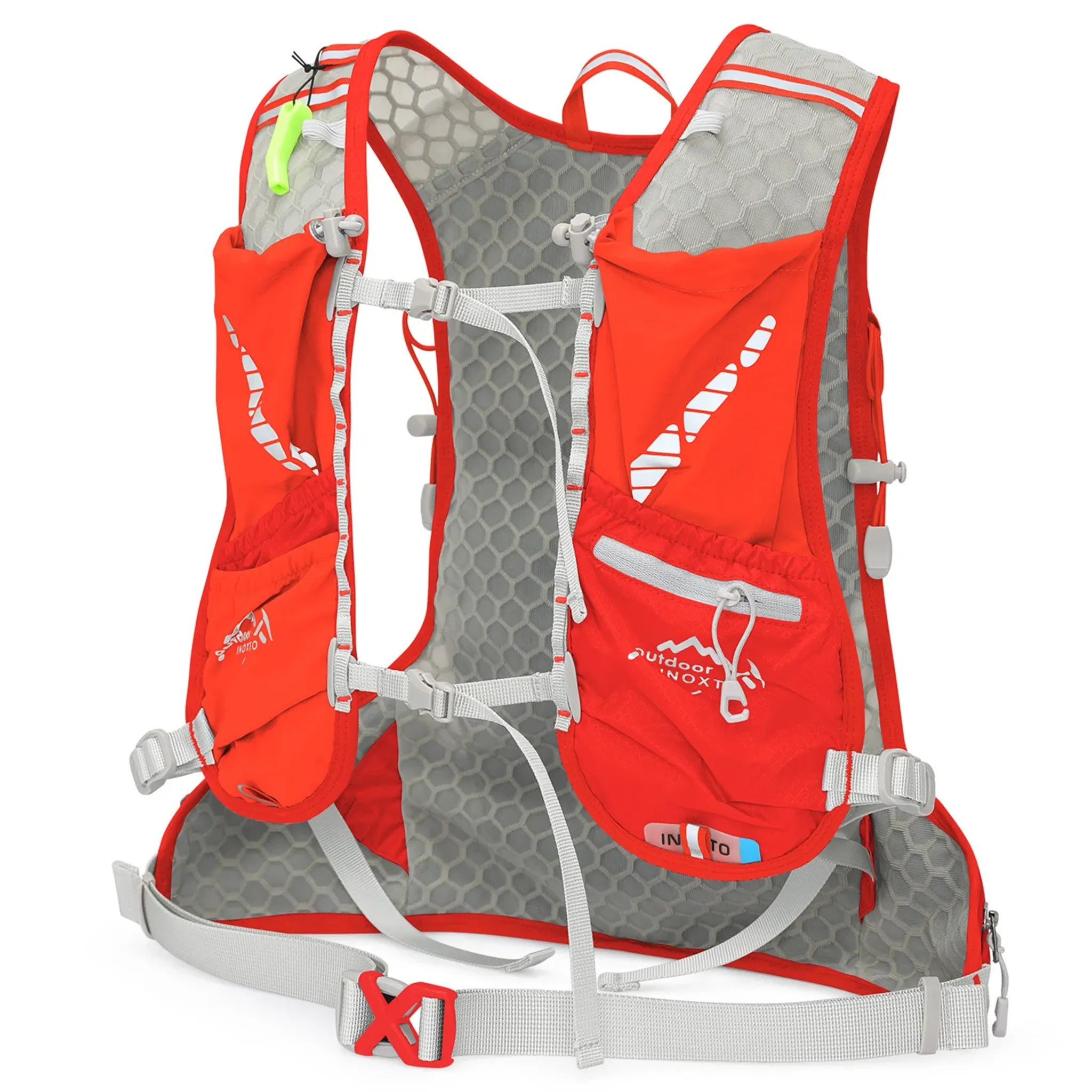 Front view of the red Outdoor INOXTO 12L hiking backpack harness featuring breathable honeycomb mesh, dual adjustable sternum straps, stretch storage pockets, zippered chest pocket, and padded waist belt.