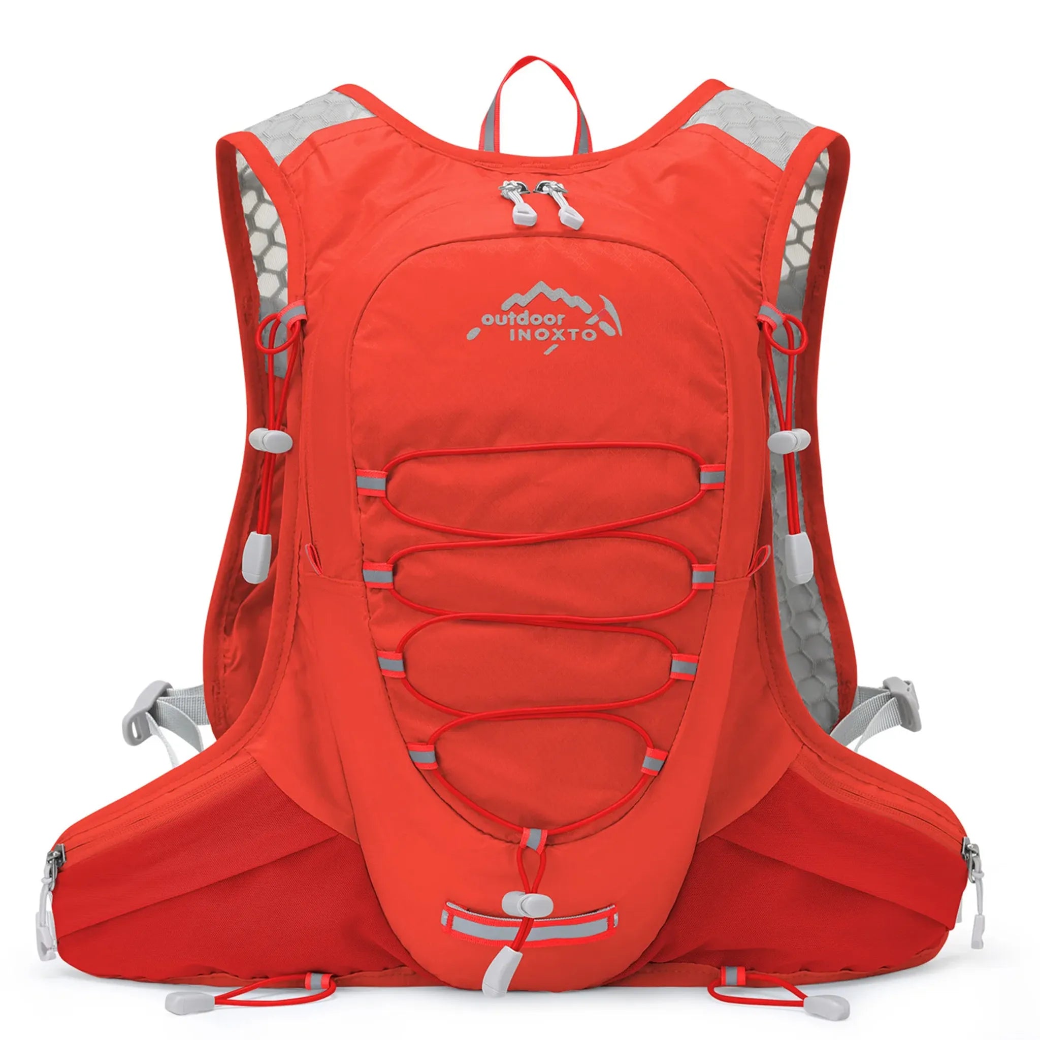 Front view of the red Outdoor INOXTO 12L lightweight hiking backpack featuring a spacious main compartment, front bungee storage system, side adjustment cords, and zippered waist belt pockets.