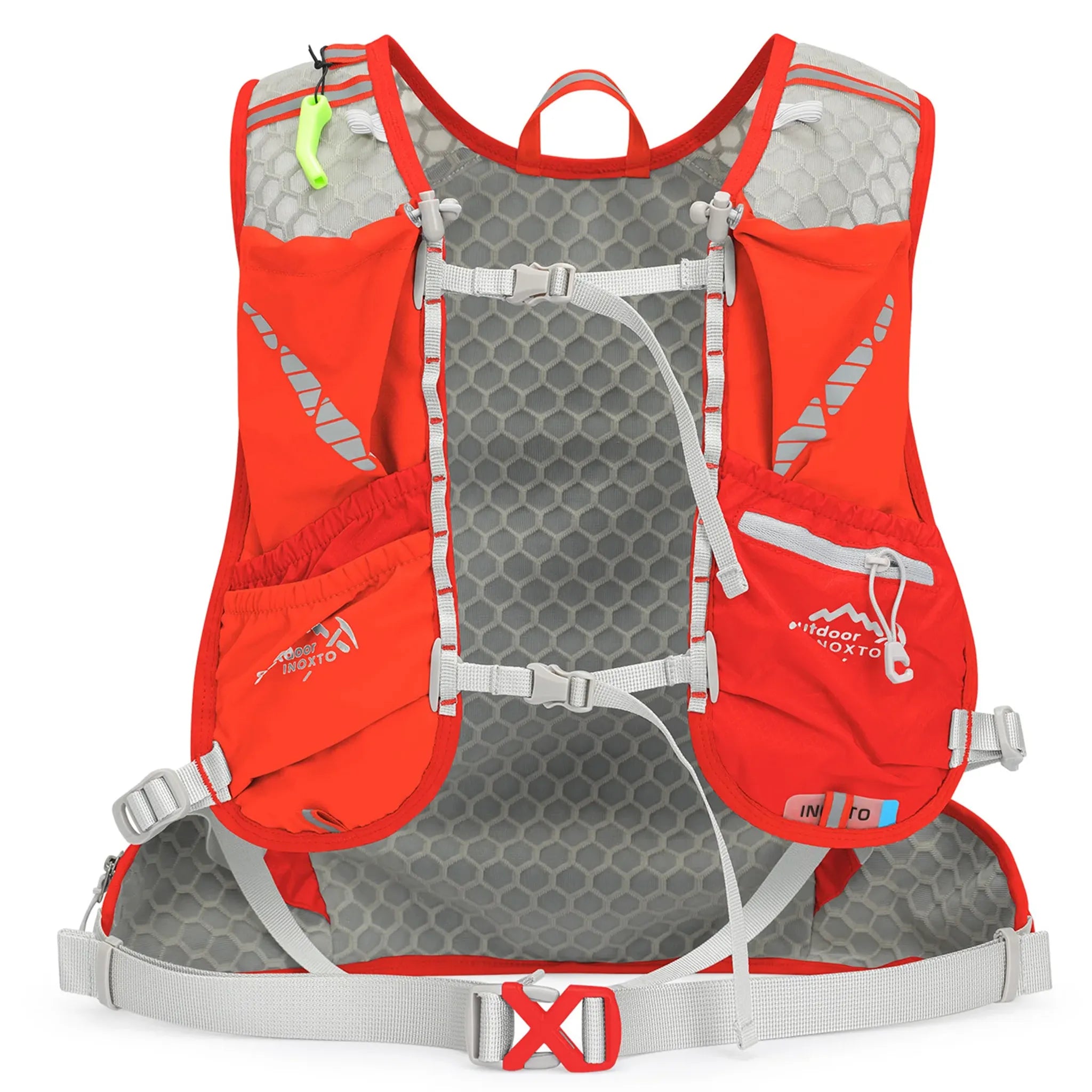 Rear harness view of the red Outdoor INOXTO 12L hiking backpack featuring breathable honeycomb mesh back panel, adjustable sternum straps, waist belt, multiple stretch storage pockets, and zippered chest pocket.
