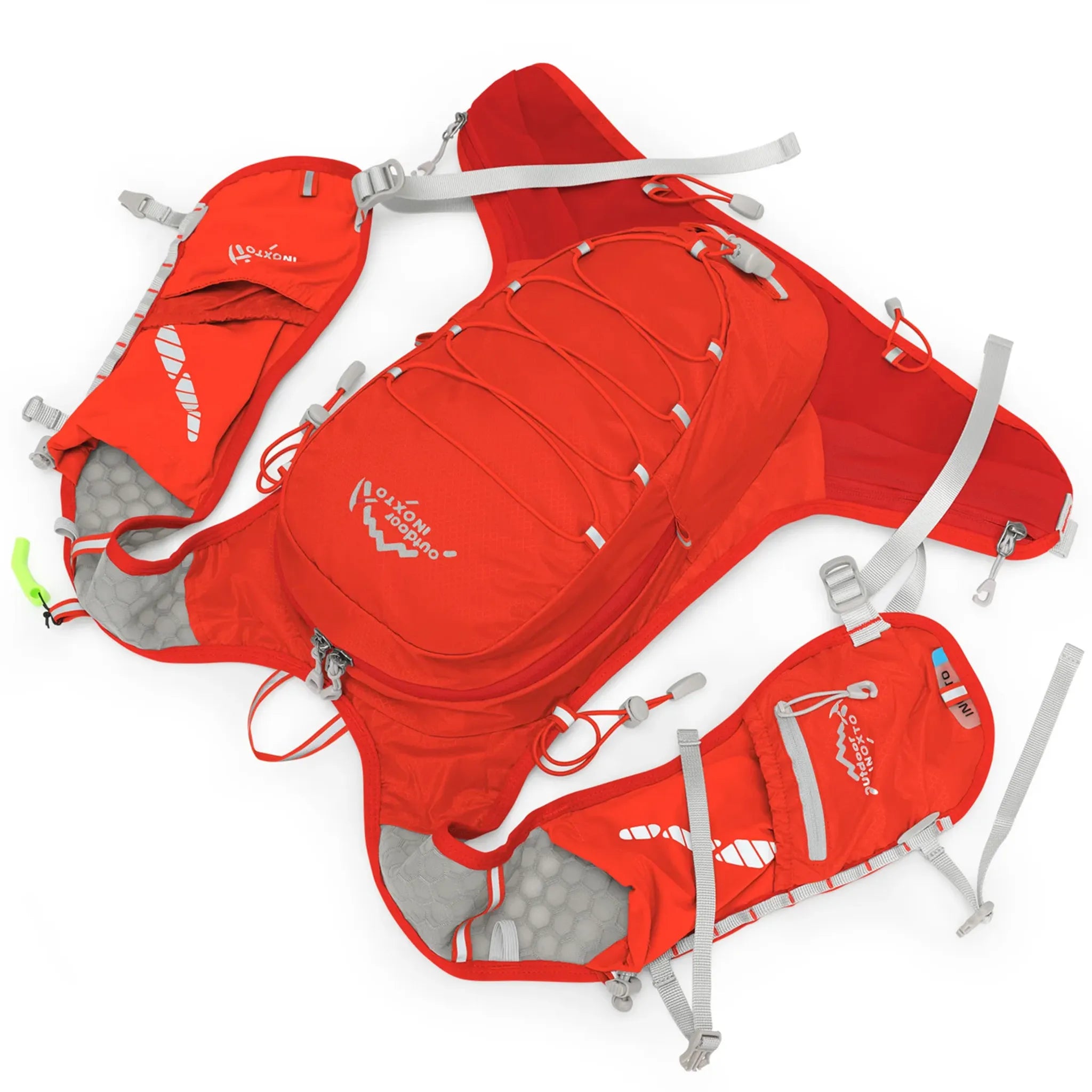 Top view of the red Outdoor INOXTO 12L hiking backpack showing the spacious main compartment, front bungee storage system, breathable shoulder harness, adjustable straps, and waist belt.