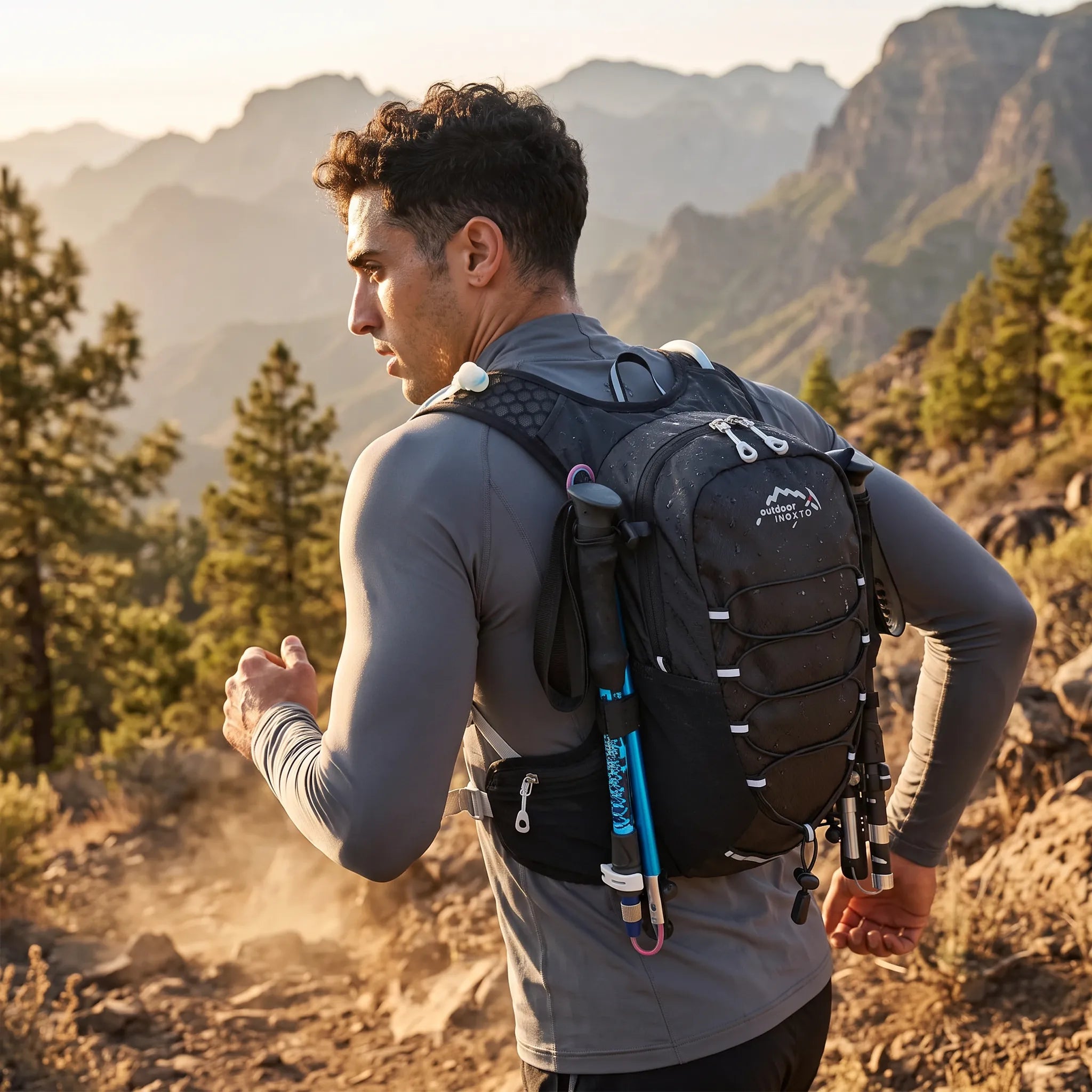 Trail runner wearing the black Outdoor INOXTO 12L hydration backpack while running on a rugged mountain trail with trekking poles attached and scenic mountain views in the background.