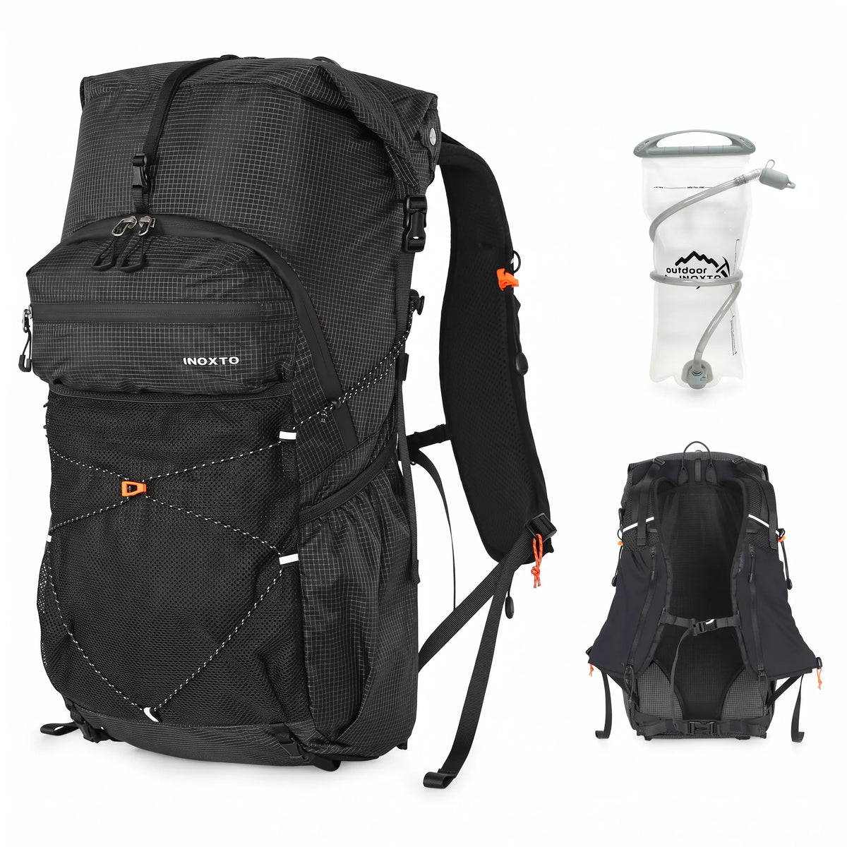 Black Outdoor Inoxto 25L hiking backpack with 2L hydration water bladder, front mesh storage, and padded back support.