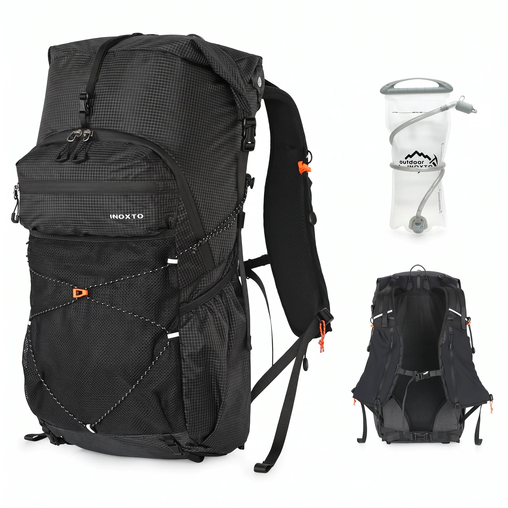 Black Outdoor Inoxto 25L hiking backpack with 2L hydration water bladder, front mesh storage, and padded back support.