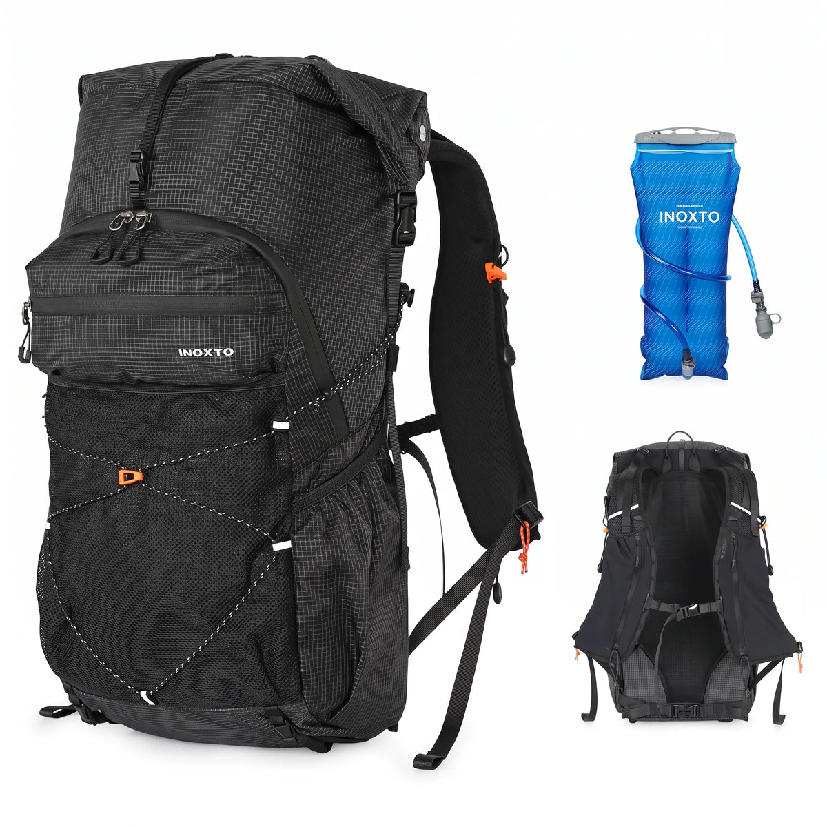Black Outdoor Inoxto 25L hiking backpack with 3L hydration water bladder, front mesh storage, and padded back support.