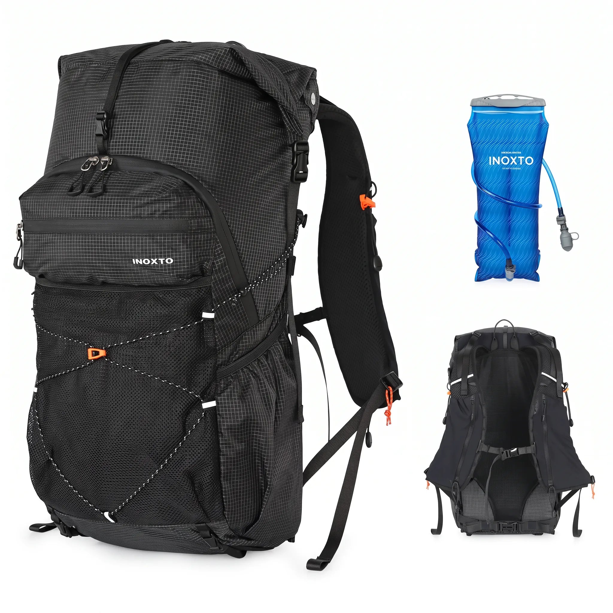 Black Outdoor Inoxto 25L hiking backpack with 3L hydration water bladder, front mesh storage, and padded back support.