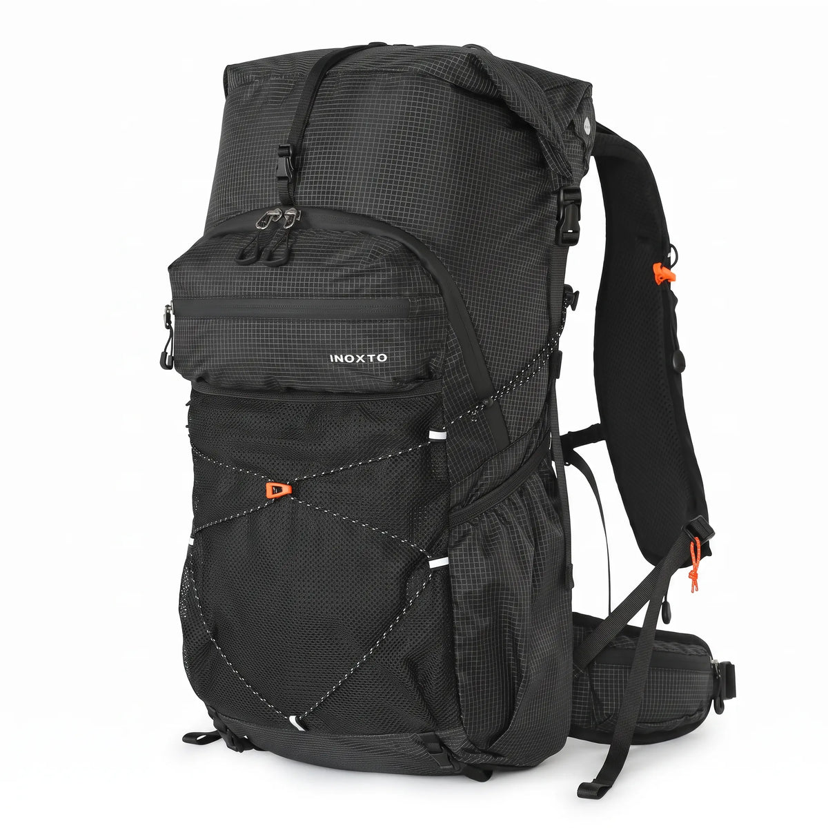 Black Outdoor Inoxto 25L hiking backpack with roll-top closure, front mesh storage pocket, padded shoulder straps, and hip belt.