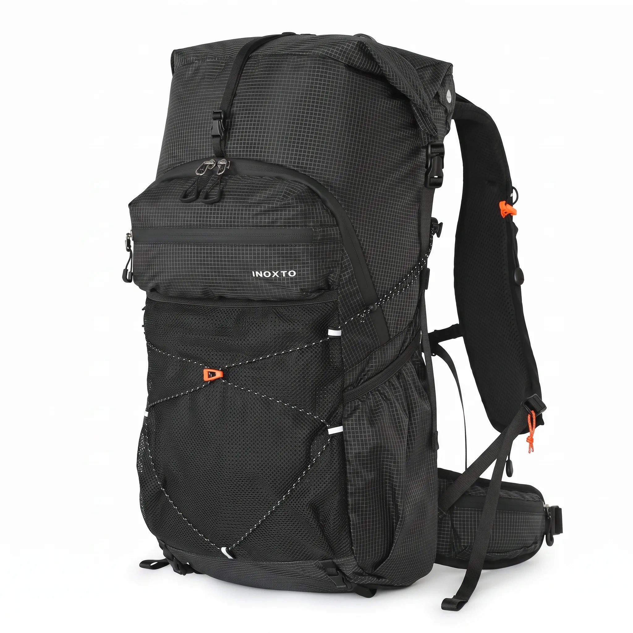 Black Outdoor Inoxto 25L hiking backpack with roll-top closure, front mesh storage pocket, padded shoulder straps, and hip belt.