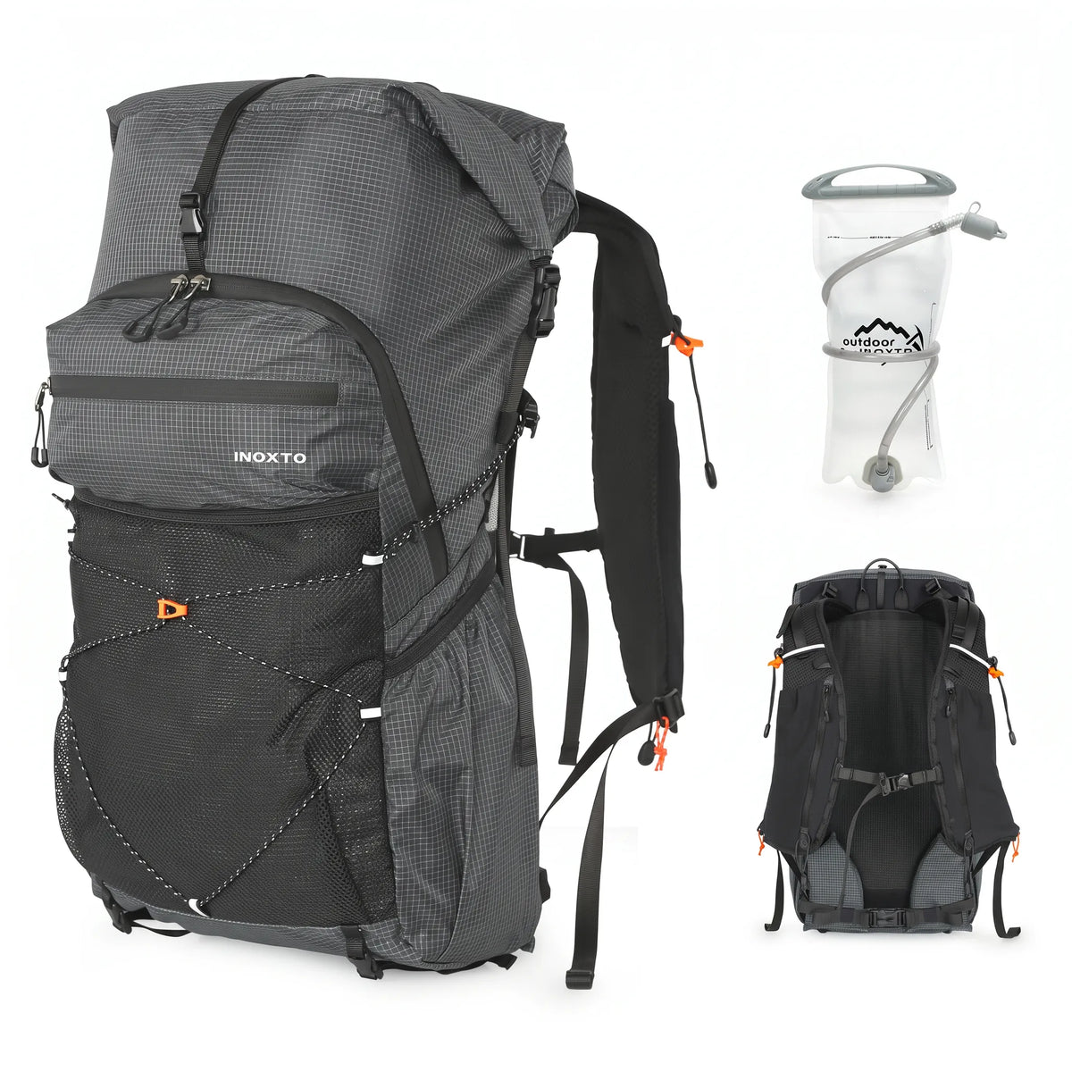 Dark gray Outdoor Inoxto 25L hiking backpack with 2L hydration water bladder, front mesh storage, and padded back support system.