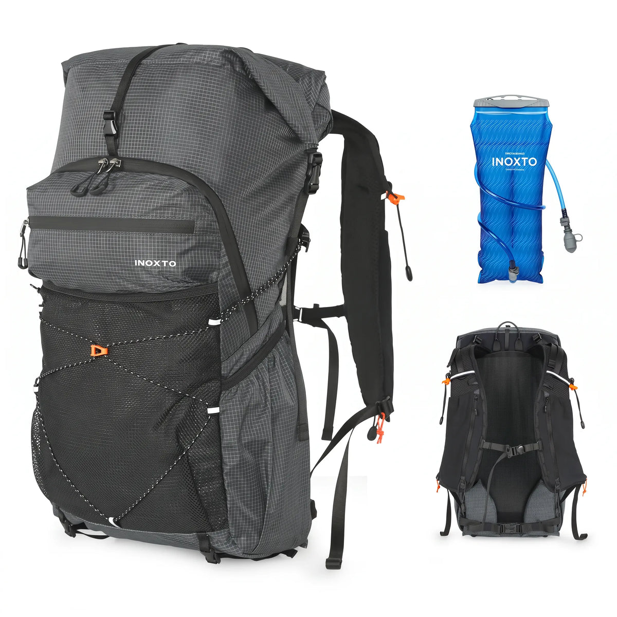 Dark gray Outdoor Inoxto 25L hiking backpack with 3L hydration water bladder, front mesh storage, and padded back support.