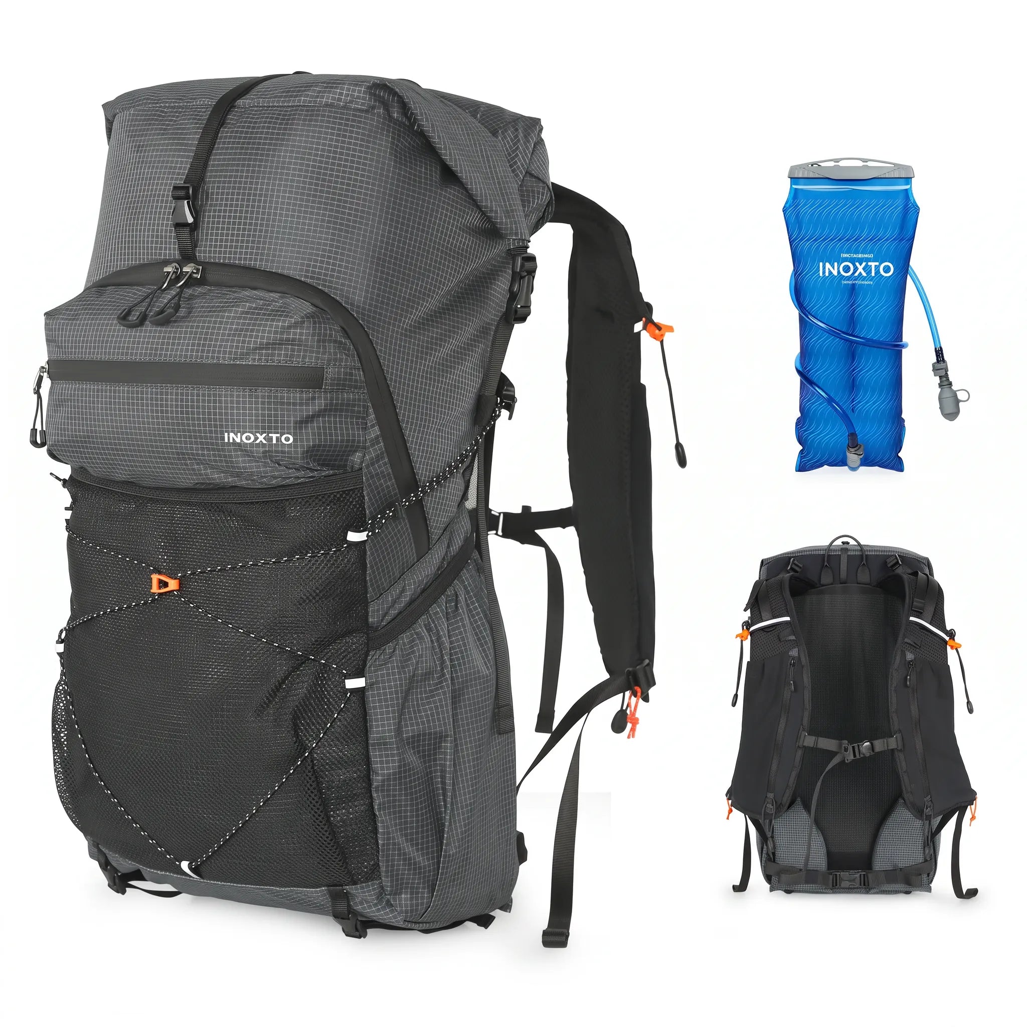 Dark gray Outdoor Inoxto 25L hiking backpack with 3L hydration water bladder, front mesh storage, and padded back support.