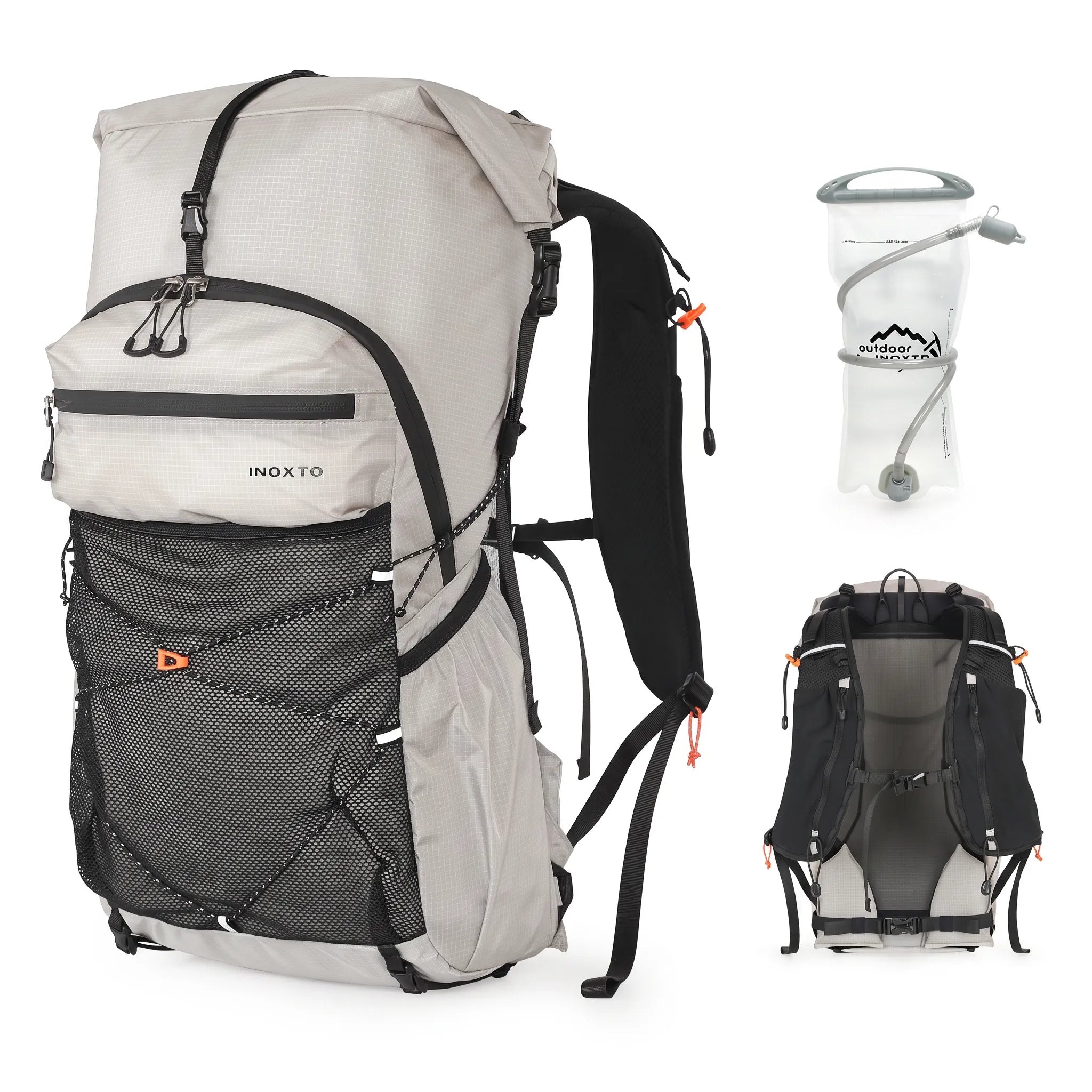 Gray Outdoor Inoxto 25L hiking backpack with 2L hydration water bladder and rear view of the padded shoulder strap system.