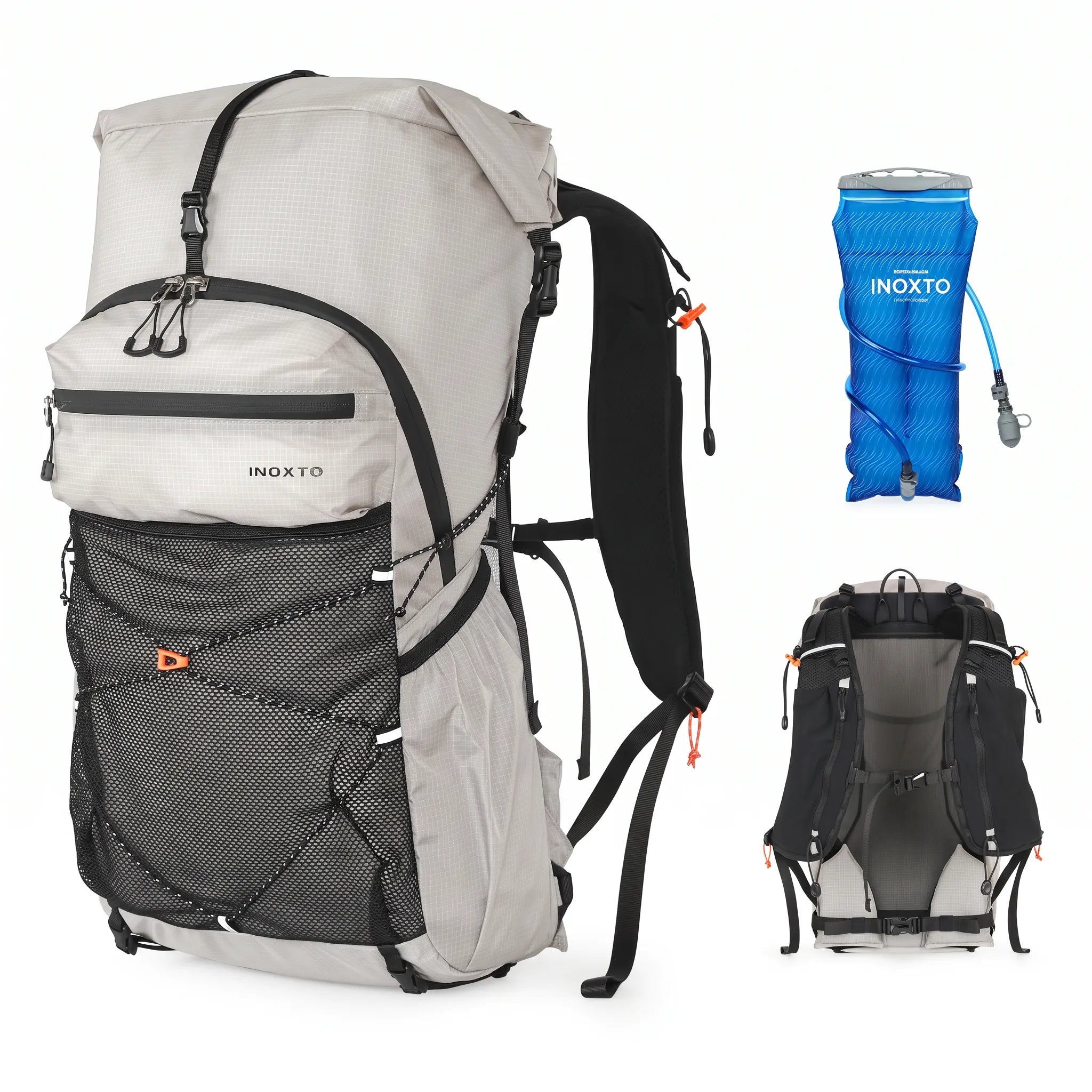 Gray Outdoor Inoxto 25L hiking backpack with 3L hydration water bladder, front mesh storage, and padded back support.