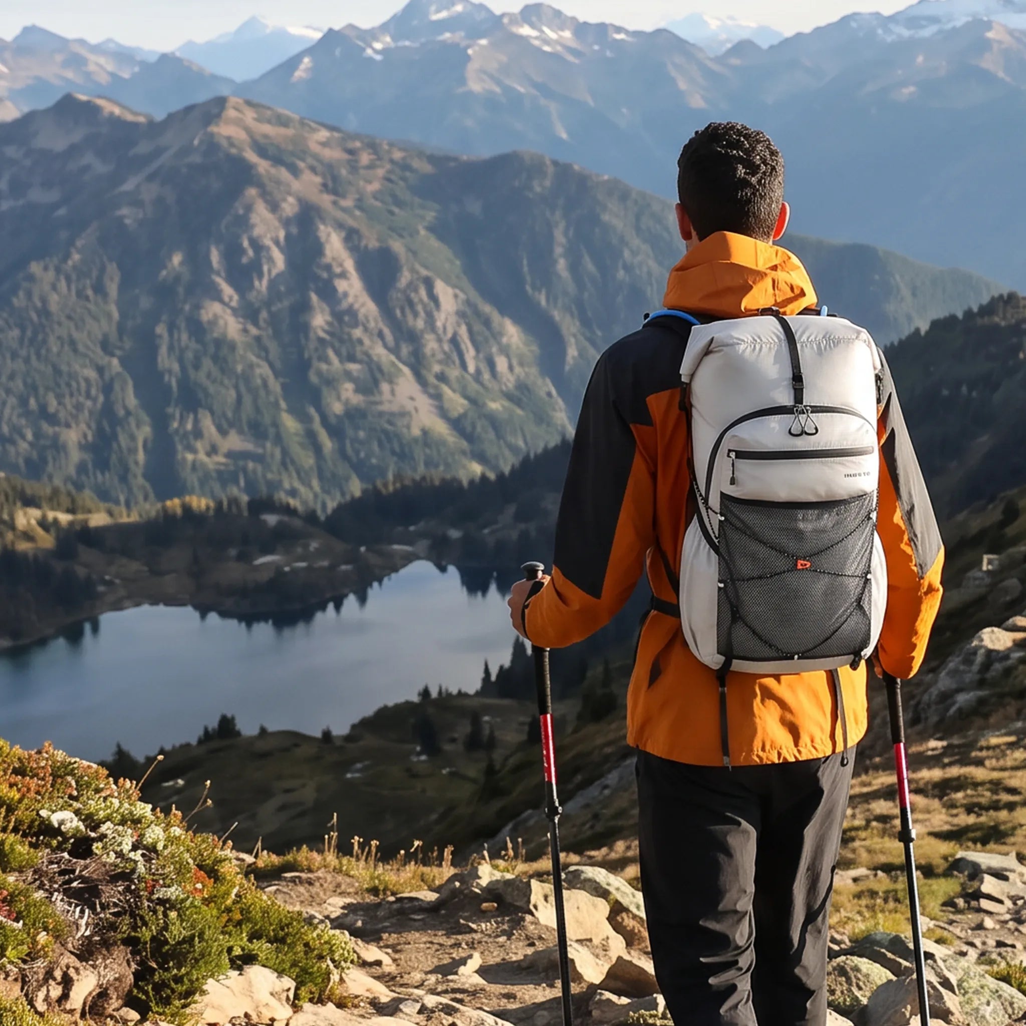 Hiker wearing a gray Outdoor Inoxto 25L hiking backpack on an alpine mountain trail overlooking a lake and snow-covered peaks.