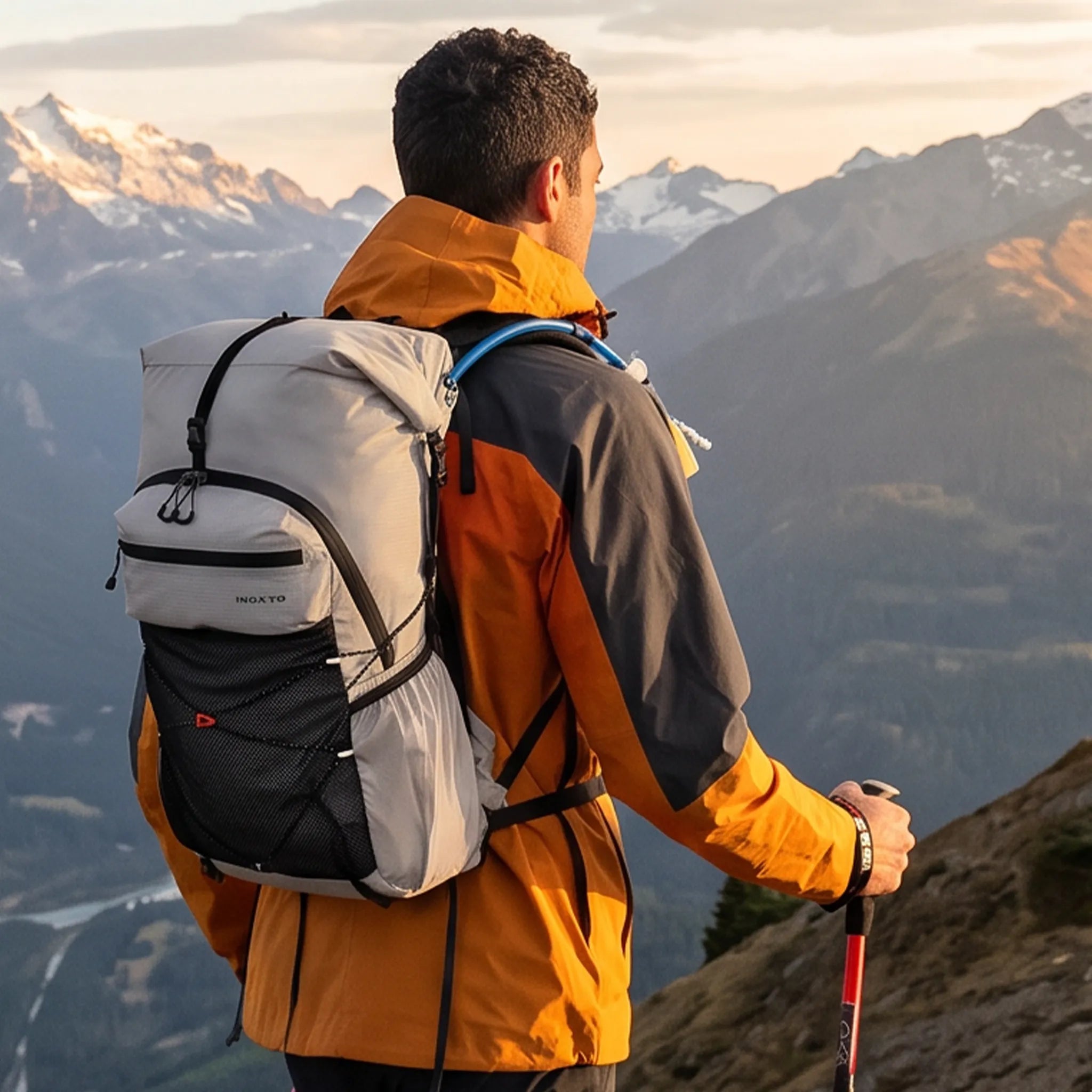 Hiker wearing a gray Outdoor Inoxto 25L hiking backpack while trekking along a mountain trail at sunset.