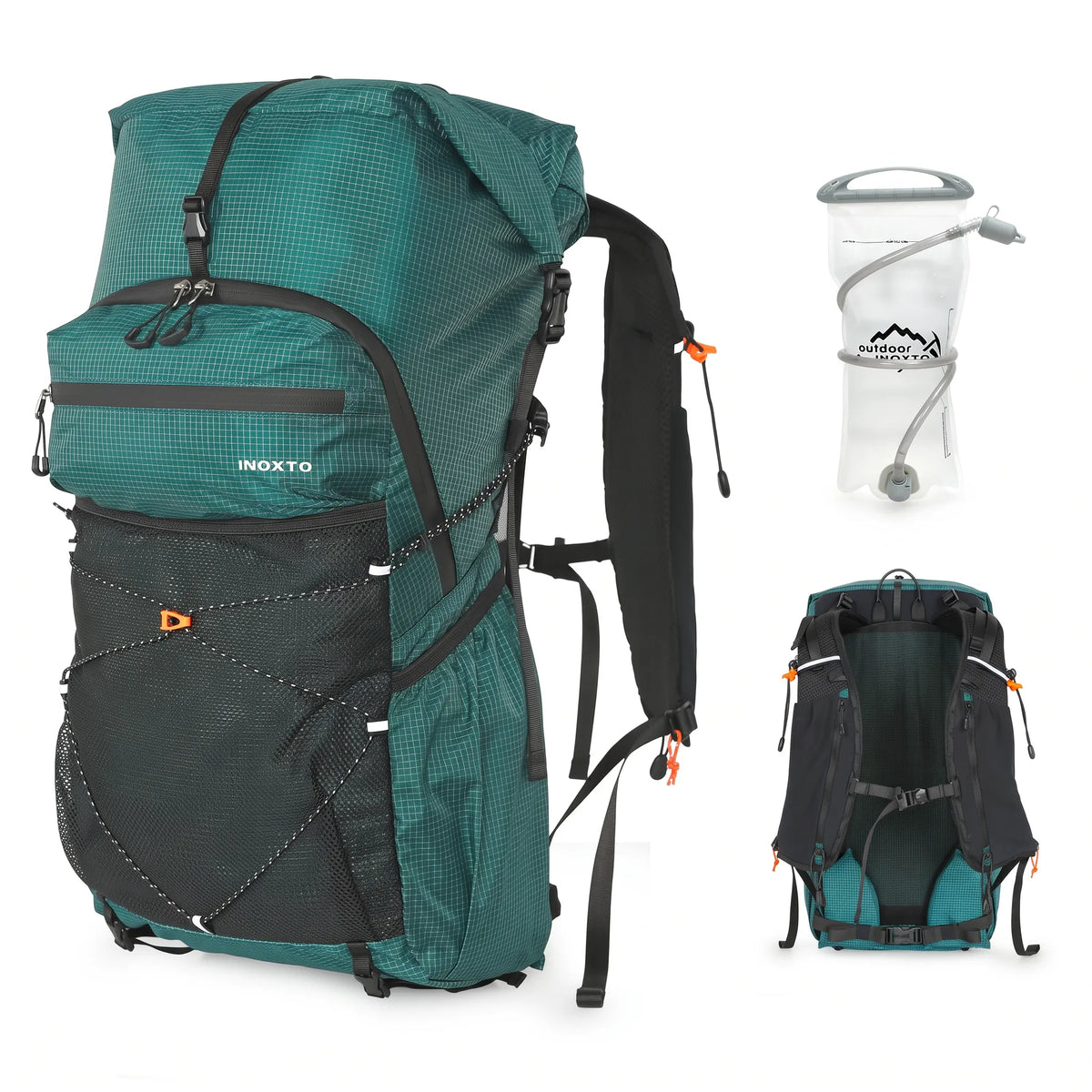 Green Outdoor Inoxto 25L hiking backpack with 2L hydration water bladder, front mesh storage, and padded back support.