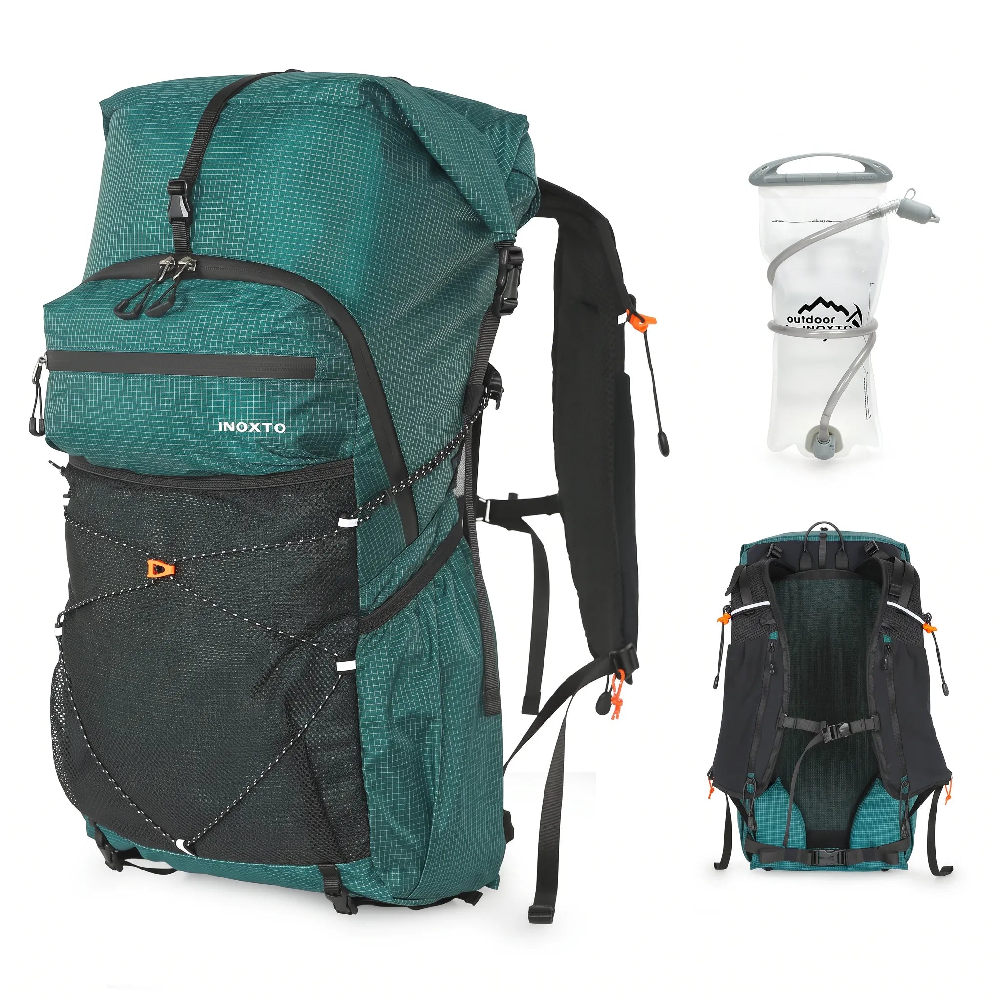 Green Outdoor Inoxto 25L hiking backpack with 2L hydration water bladder, front mesh storage, and padded back support.