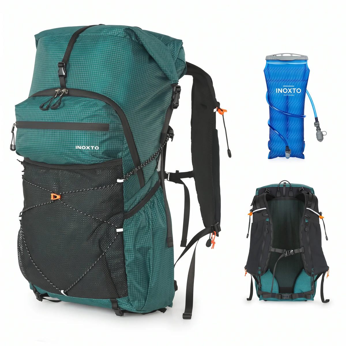 Green Outdoor Inoxto 25L hiking backpack with 3L hydration water bladder, front mesh storage, and padded back support.