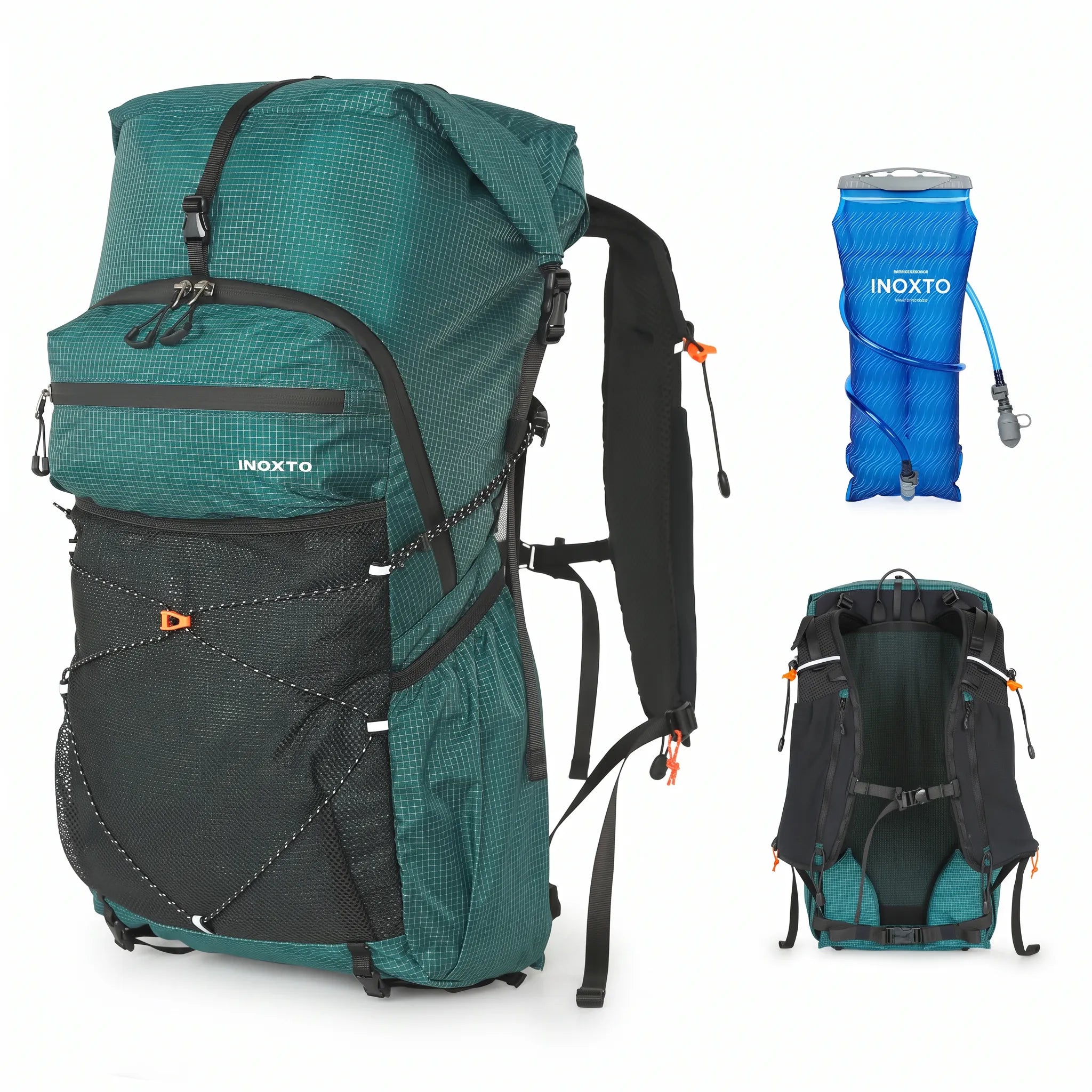 Green Outdoor Inoxto 25L hiking backpack with 3L hydration water bladder, front mesh storage, and padded back support.