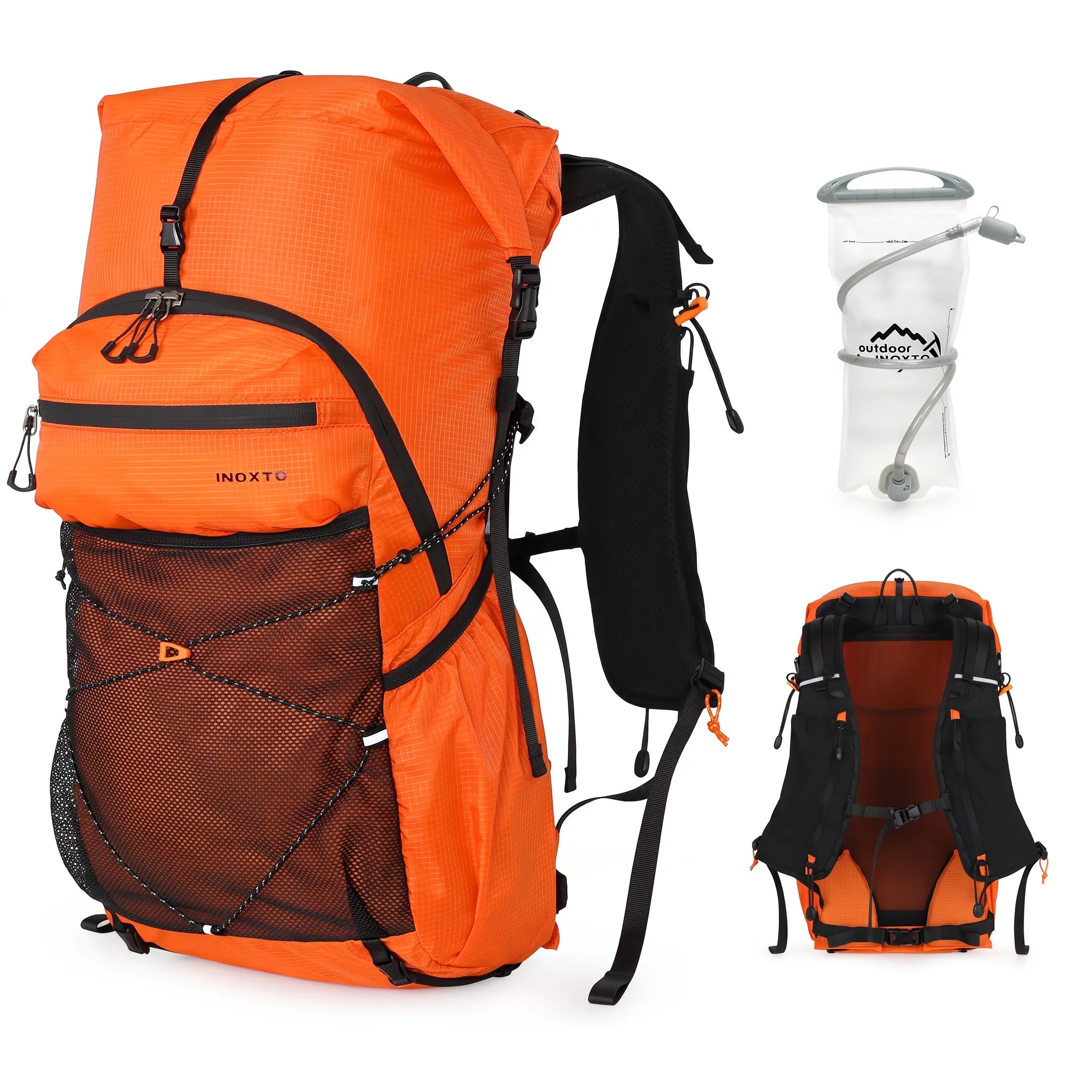 Orange Outdoor Inoxto 25L hiking backpack with 2L hydration water bladder, front mesh storage, and padded back support.