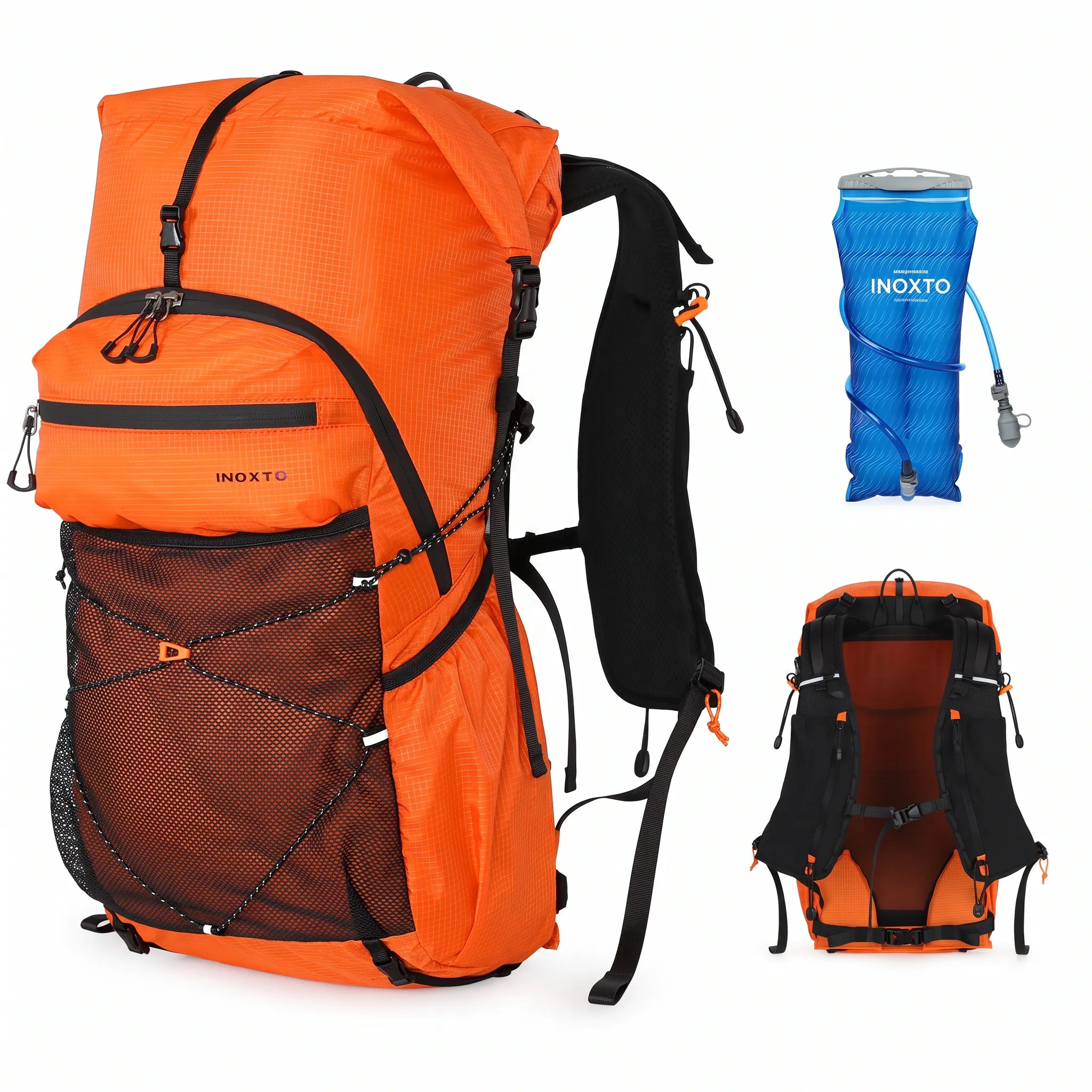 Orange Outdoor Inoxto 25L hiking backpack with 3L hydration water bladder, front mesh storage, and padded back support.