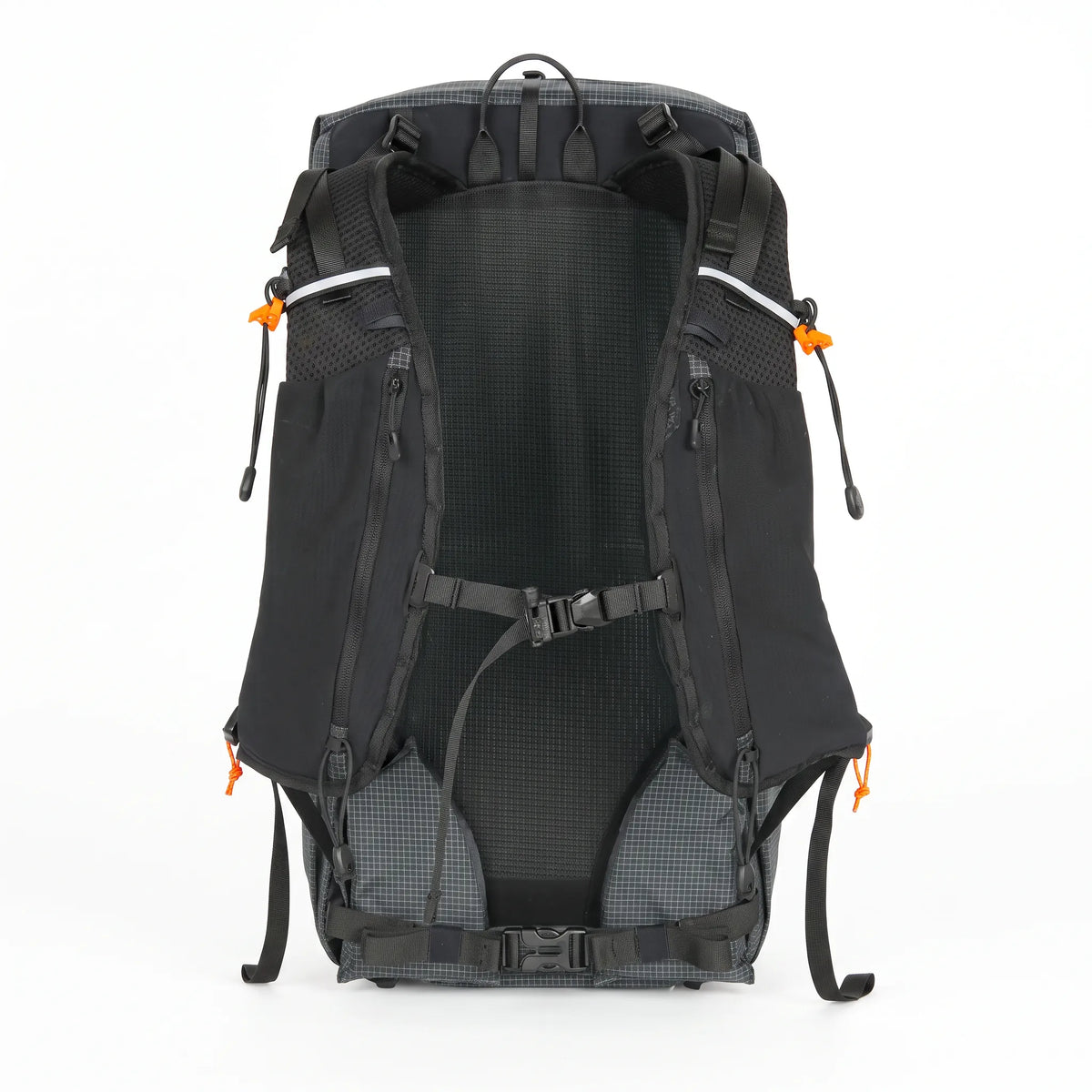 Back view of the dark gray Outdoor Inoxto 25L hiking backpack showing padded shoulder straps, breathable mesh back panel, sternum strap, and adjustable hip belt.