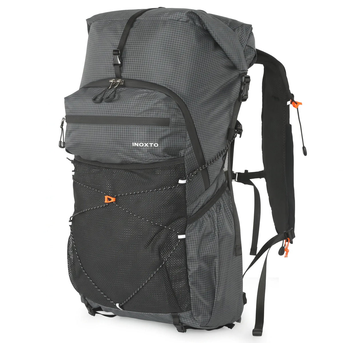 Dark gray Outdoor Inoxto 25L lightweight hiking backpack with large front mesh pocket, roll-top closure, padded shoulder straps, and compression cords.