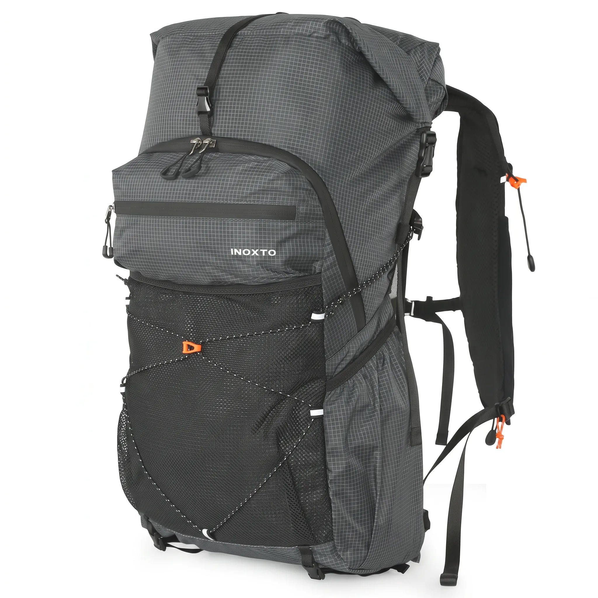 Dark gray Outdoor Inoxto 25L lightweight hiking backpack with large front mesh pocket, roll-top closure, padded shoulder straps, and compression cords.
