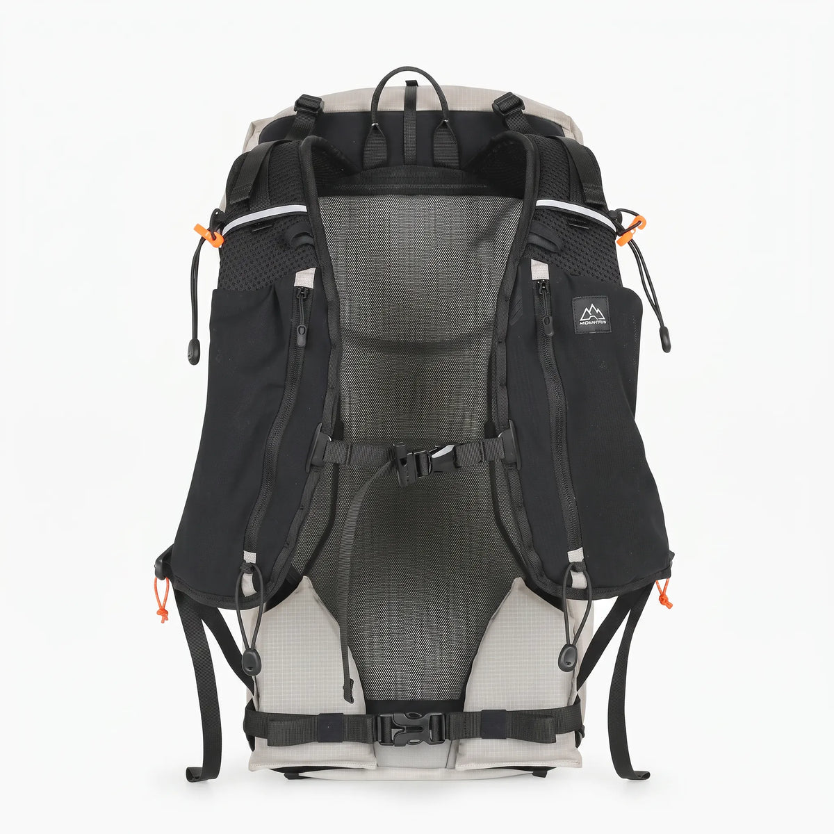 Back view of the gray Outdoor Inoxto 25L lightweight hiking backpack showing padded shoulder straps, breathable mesh back panel, chest strap, and hip belt.