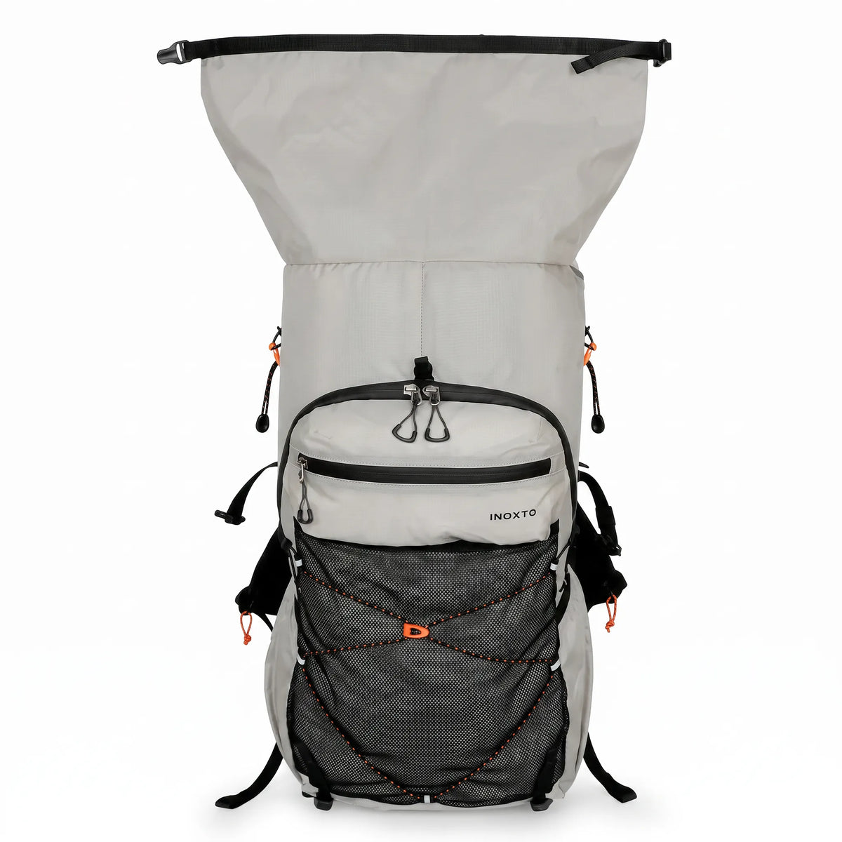 Front view of gray Outdoor Inoxto 25L hiking backpack with roll-top compartment open, front mesh storage pocket, and compression cords.