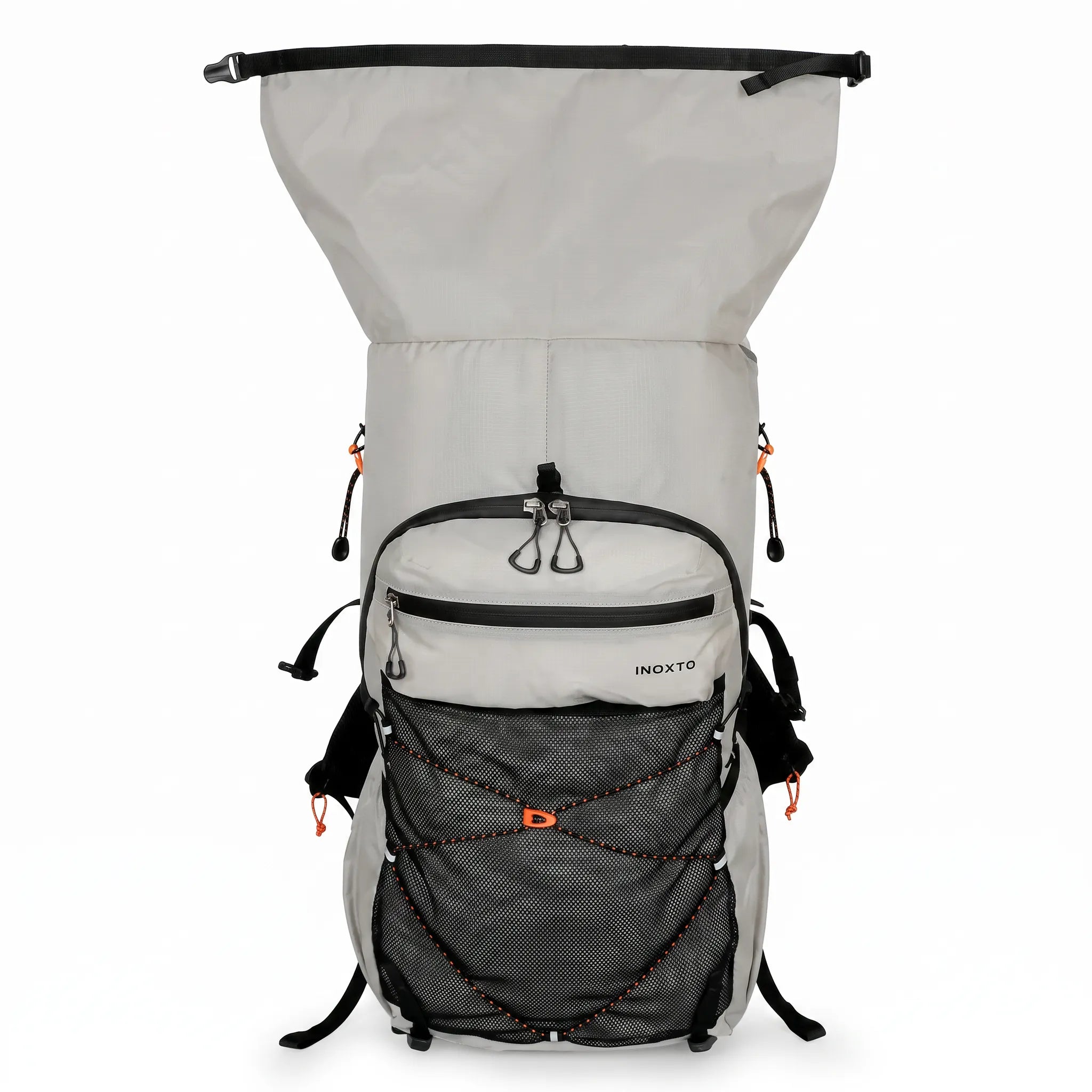Front view of gray Outdoor Inoxto 25L hiking backpack with roll-top compartment open, front mesh storage pocket, and compression cords.