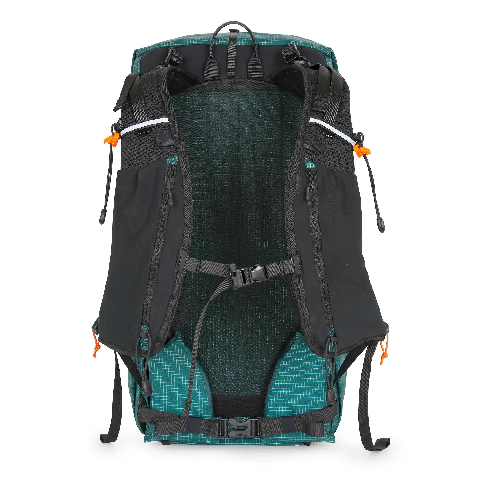 Back view of green Outdoor Inoxto 25L hiking backpack with breathable mesh back panel, padded shoulder straps, chest strap, and adjustable hip belt.