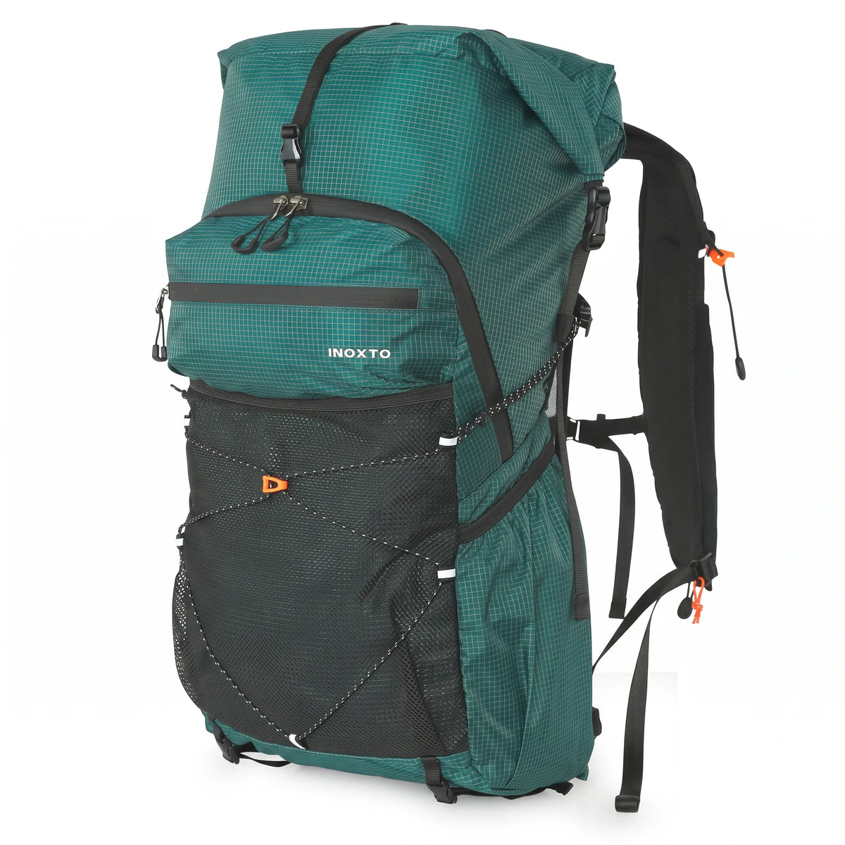 Green Outdoor Inoxto 25L lightweight hiking backpack with black mesh front storage, adjustable straps, and multiple exterior pockets.