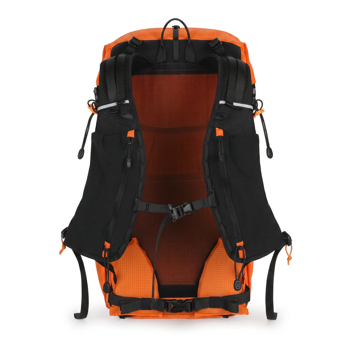 Back view of orange Outdoor Inoxto 25L hiking backpack with breathable mesh back panel, padded shoulder straps, sternum strap, and adjustable hip belt.