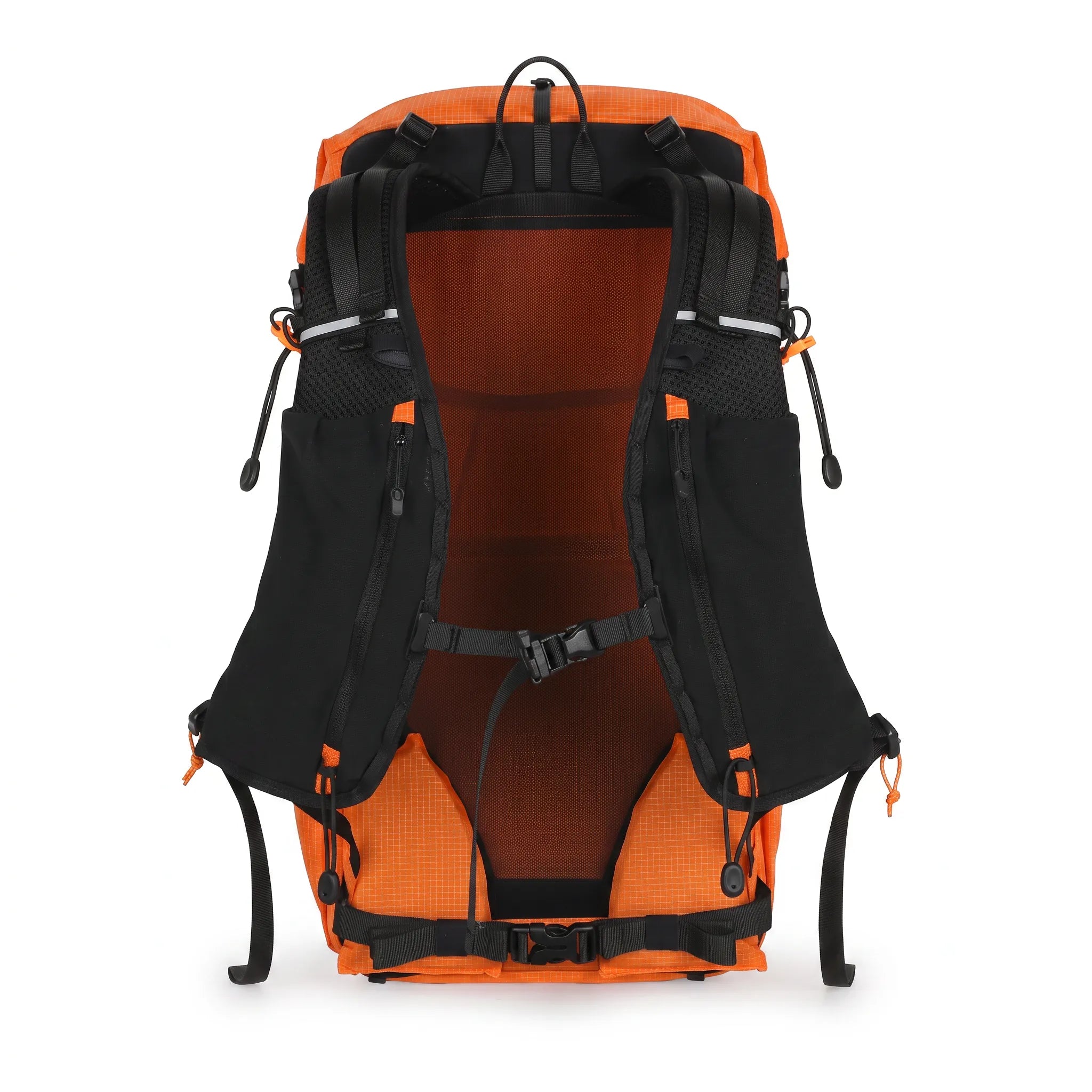 Back view of orange Outdoor Inoxto 25L hiking backpack with breathable mesh back panel, padded shoulder straps, sternum strap, and adjustable hip belt.