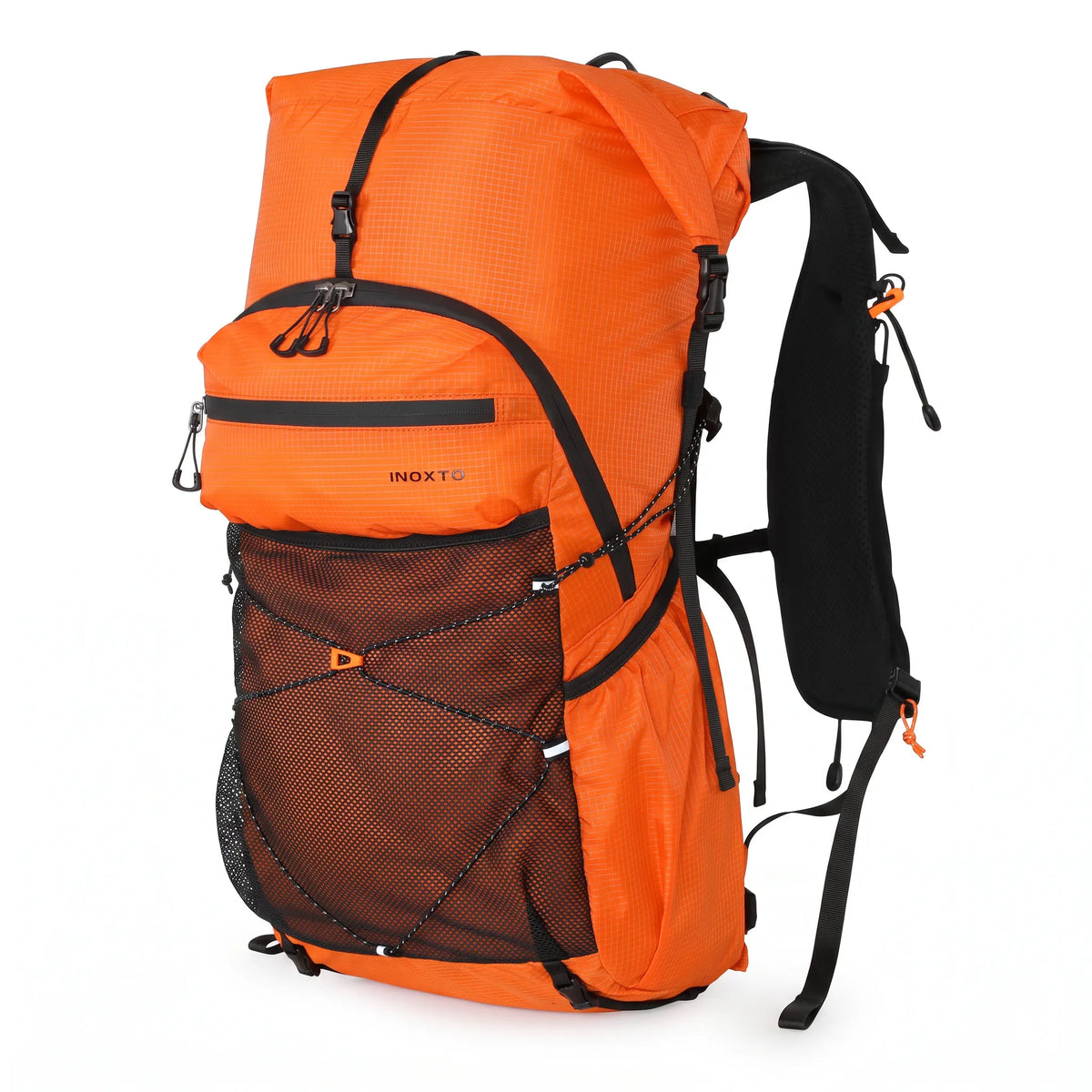 Orange Outdoor Inoxto 25L lightweight hiking backpack with black mesh front storage, padded shoulder straps, and adjustable compression straps.