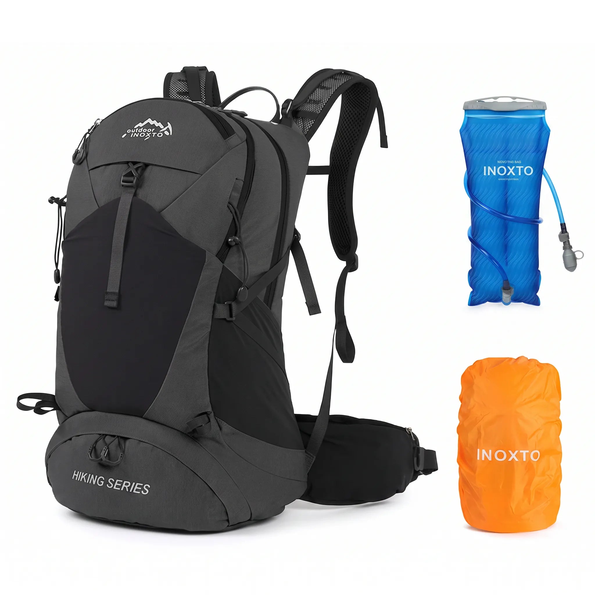 Black Outdoor Inoxto 35L hiking backpack with 3L hydration bladder and orange rain cover.

Caption: