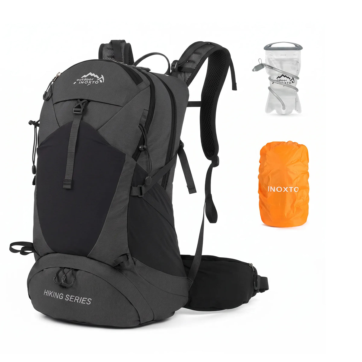 Black Outdoor Inoxto 35L hiking backpack with 1.5L or 2.0L hydration bladder and orange waterproof rain cover.