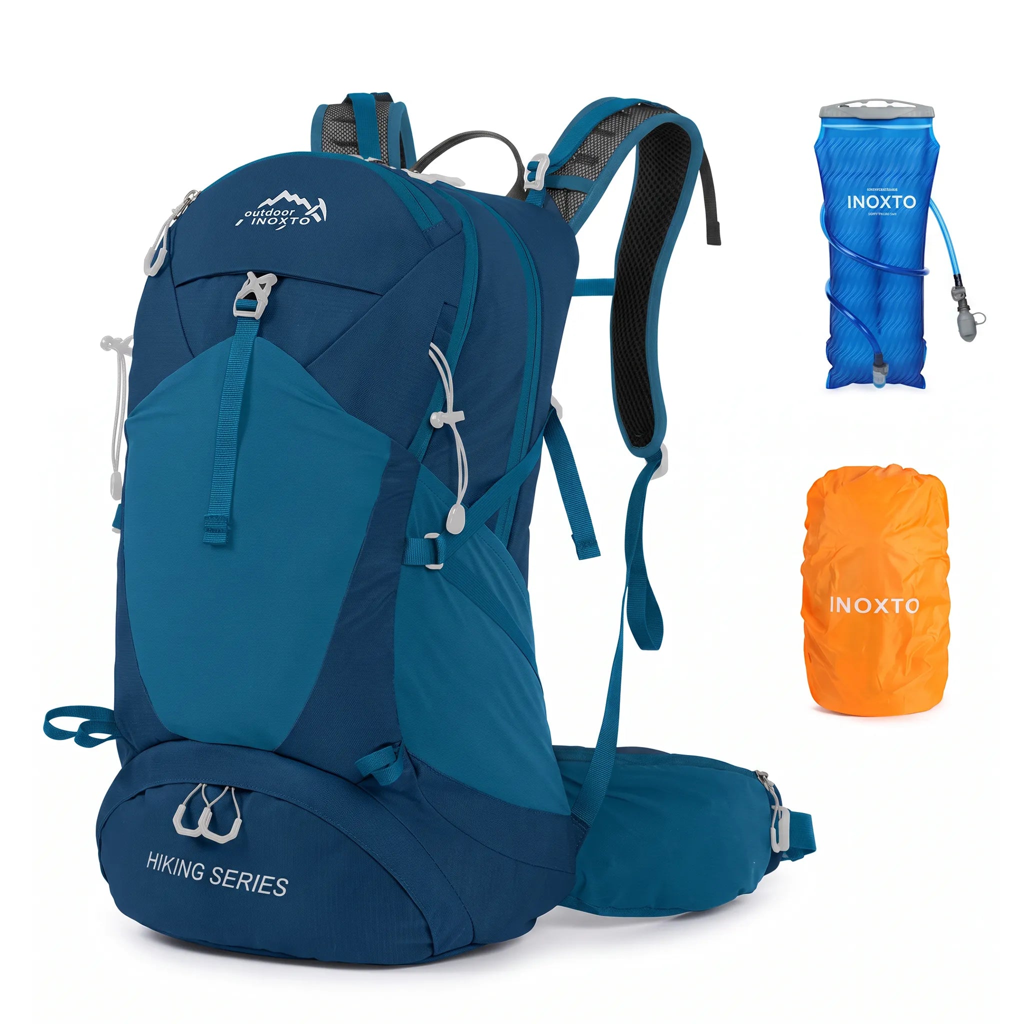 Dark blue Outdoor Inoxto 35L hiking backpack with 3L hydration bladder and orange rain cover.