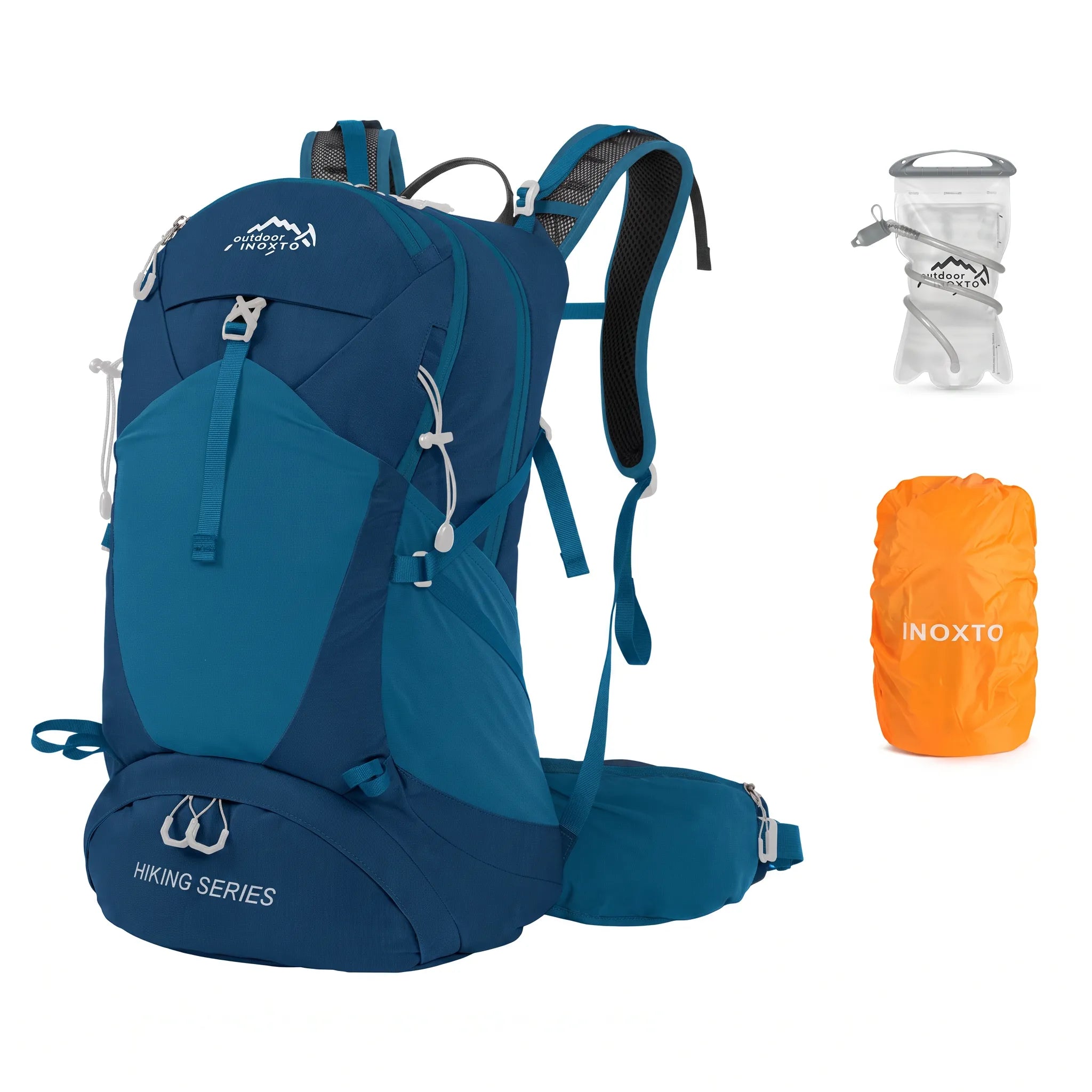 Dark blue Outdoor Inoxto 35L hiking backpack with 1.5L or 2.0L hydration bladder and orange waterproof rain cover.