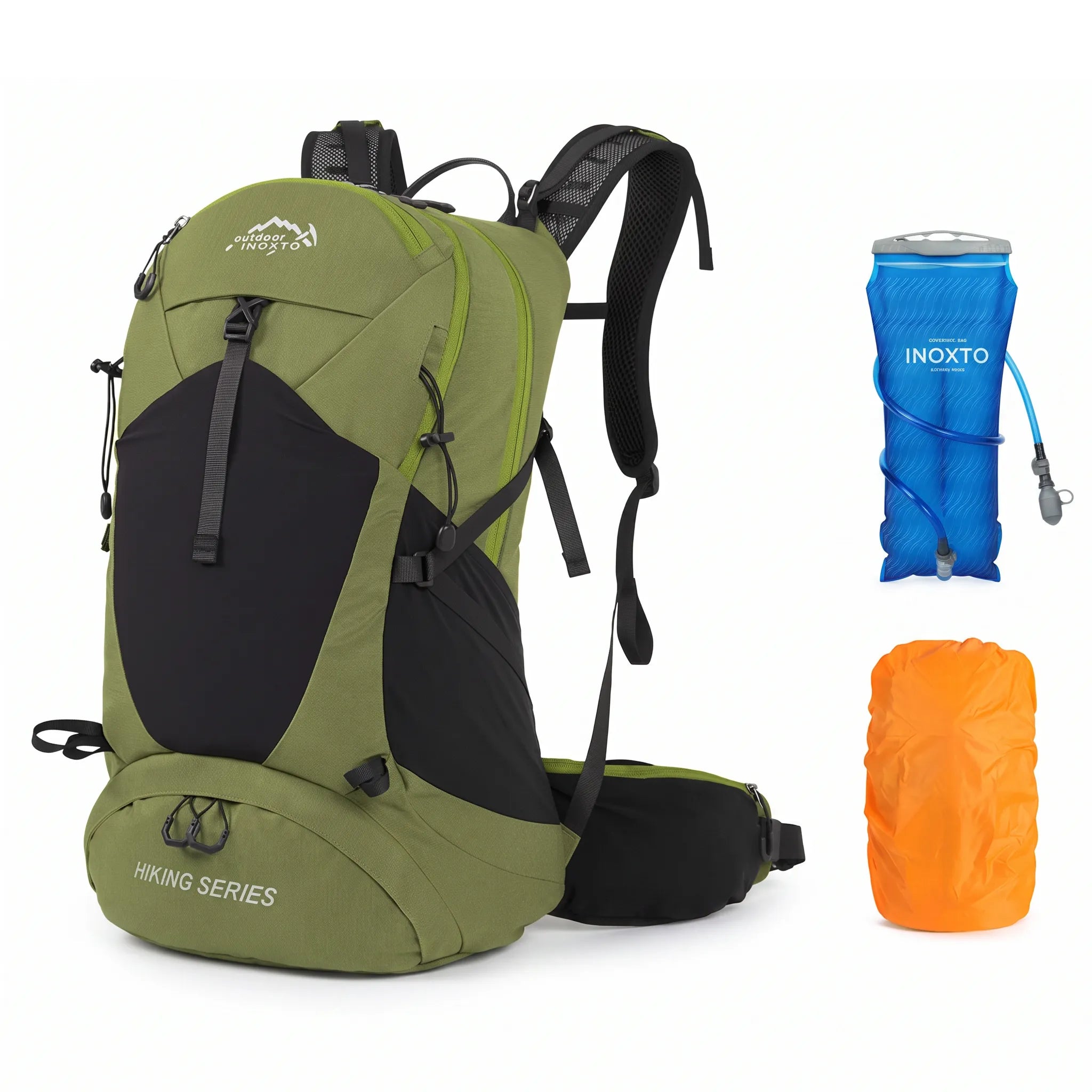 Dark green Outdoor Inoxto 35L hiking backpack with 3L hydration bladder and orange rain cover.