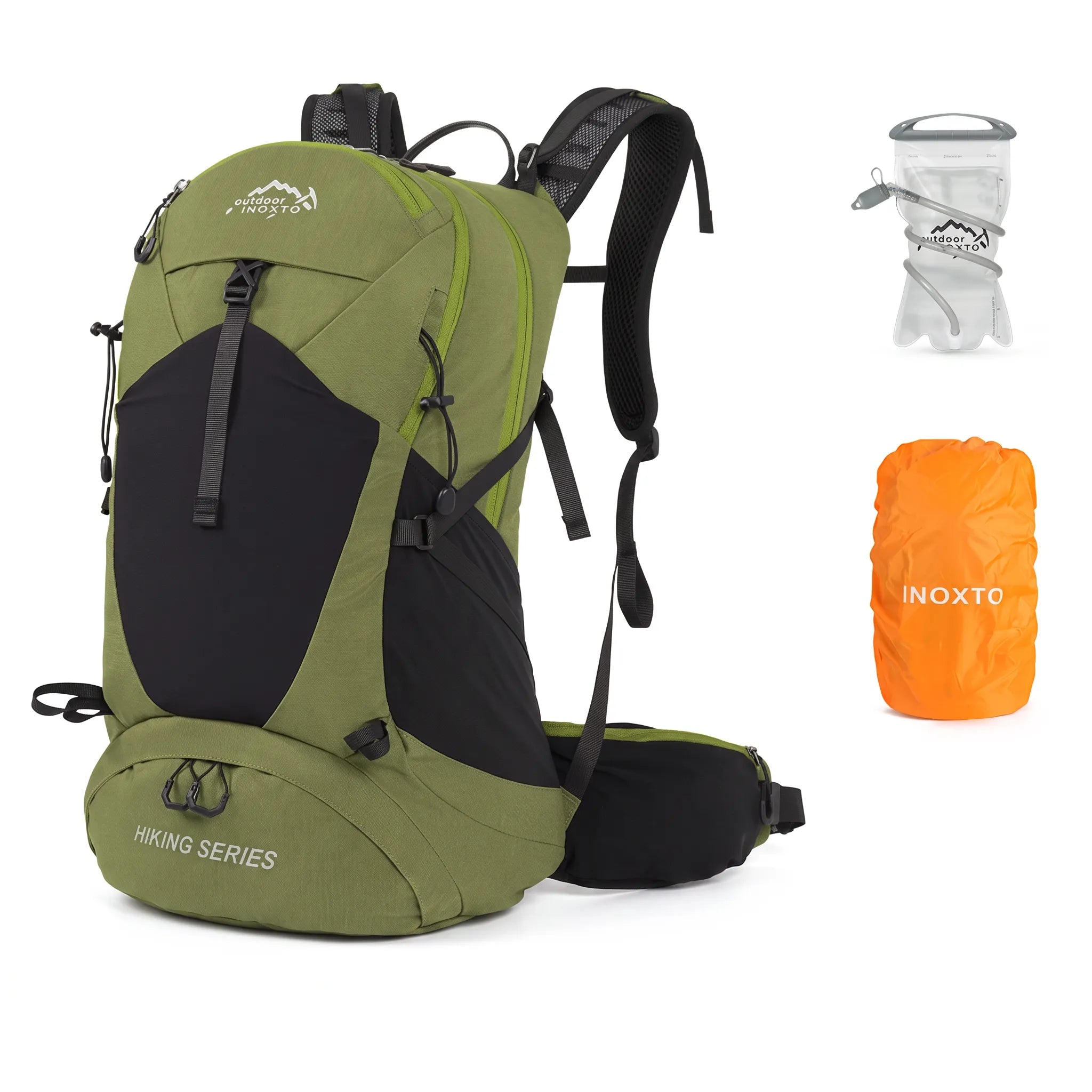 Dark green Outdoor Inoxto 35L hiking backpack with hydration water bladder and orange rain cover.