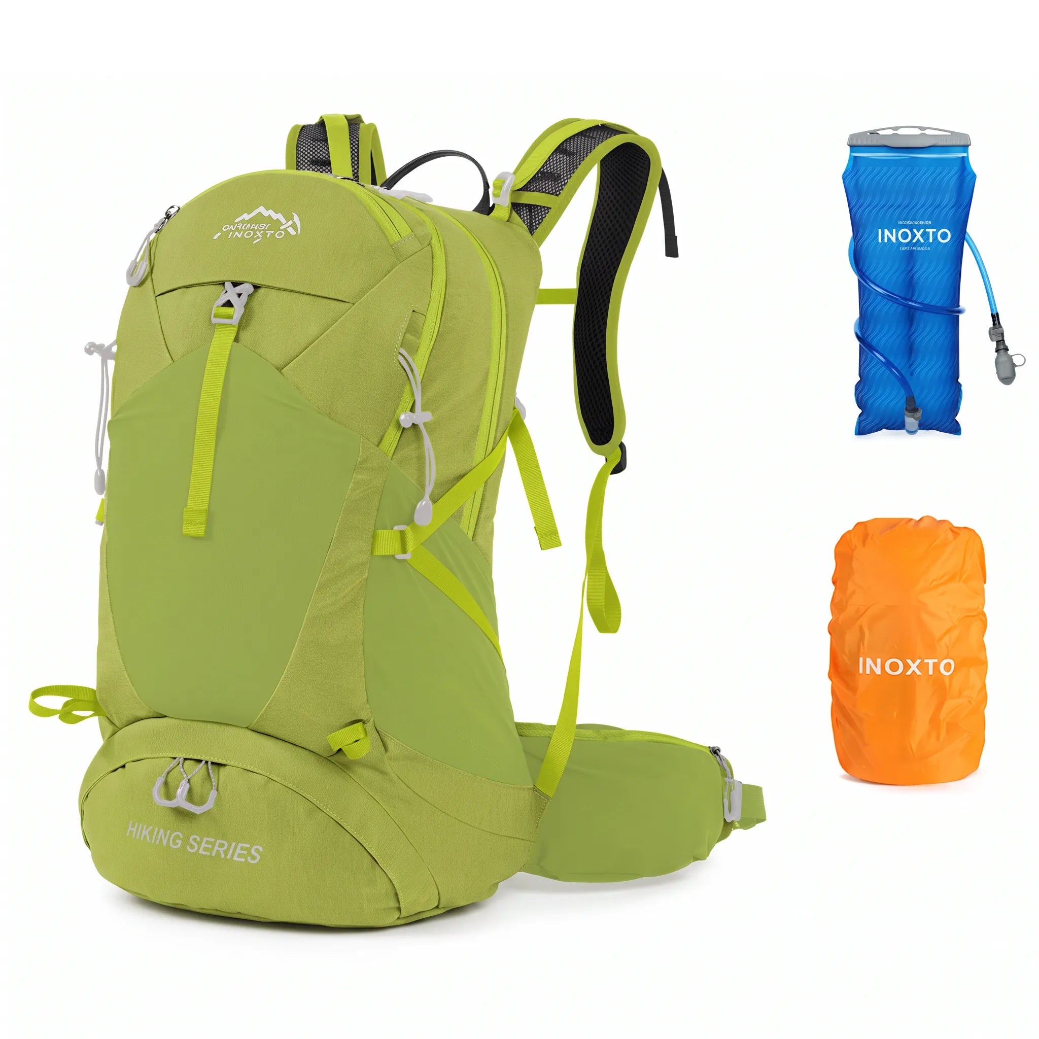Green Outdoor Inoxto 35L hiking backpack with 3L hydration bladder and orange rain cover.