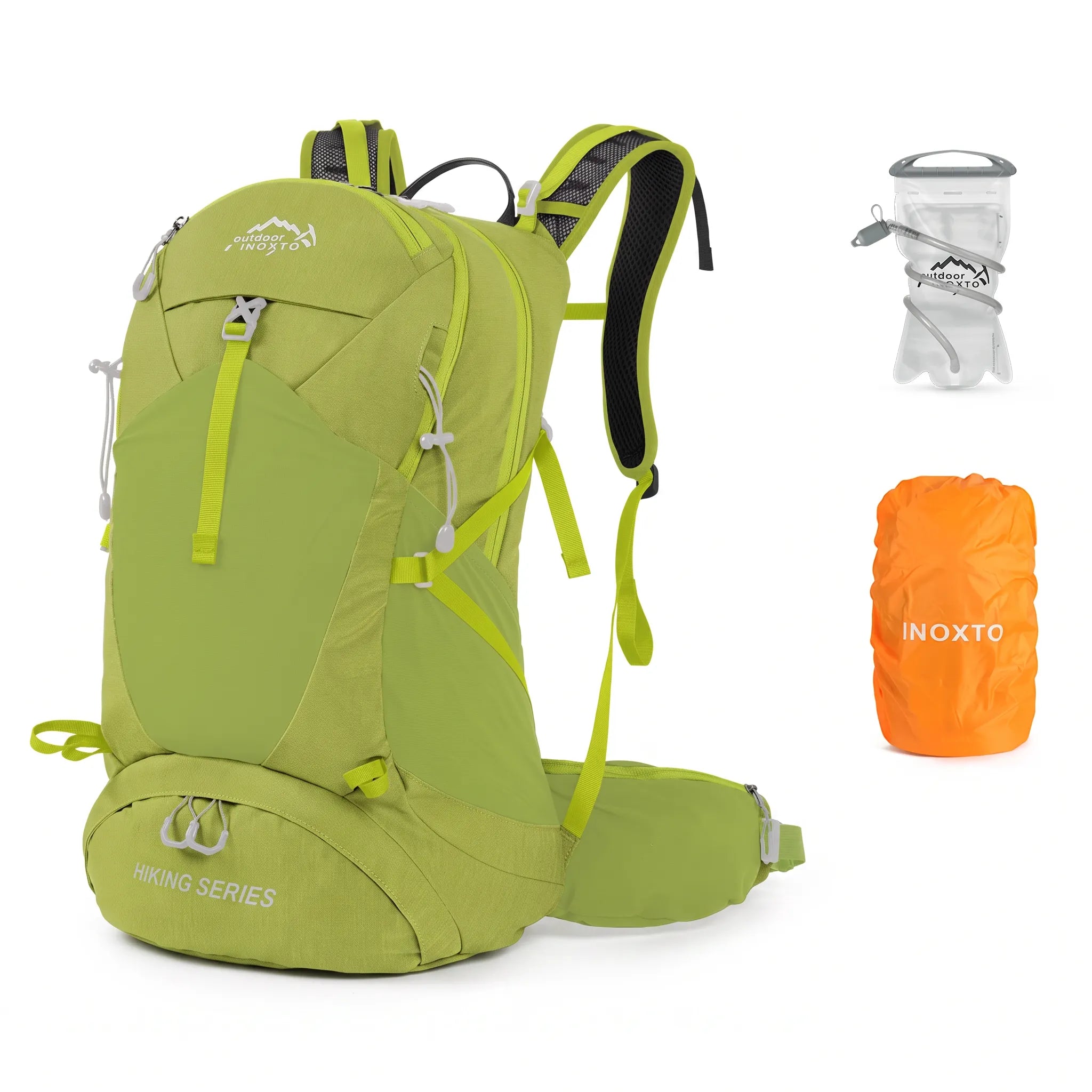 Green Outdoor Inoxto 35L hiking backpack with 1.5L or 2.0L hydration bladder and orange waterproof rain cover.