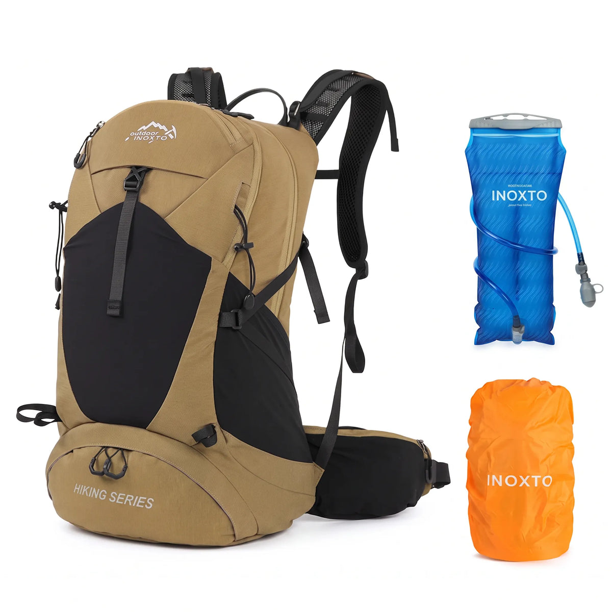 Khaki Outdoor Inoxto 35L hiking backpack with 3L hydration bladder and orange waterproof rain cover.