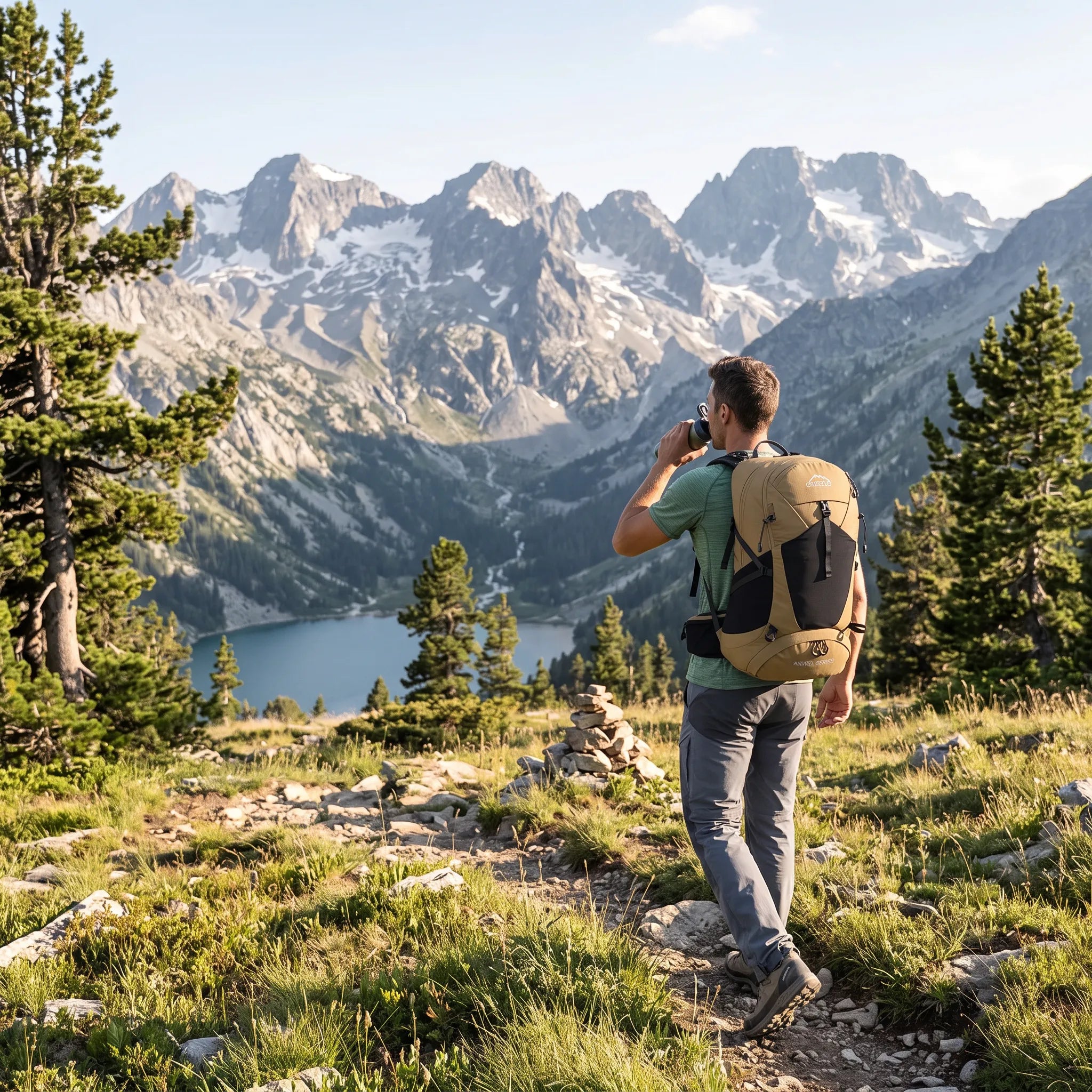 Hiker wearing a khaki Outdoor Inoxto 35L hiking backpack on a mountain trail overlooking an alpine lake.